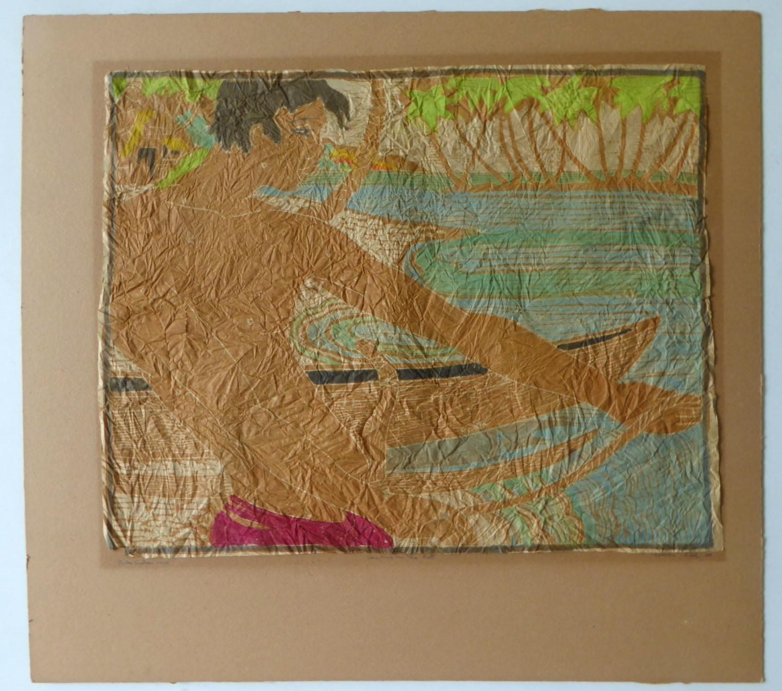 Tropisches modernes Aquarell/Handgefertigtes Papier „Hauling in the Net“ Tahiti 1950er Jahre (Moderne der Mitte des Jahrhunderts) im Angebot
