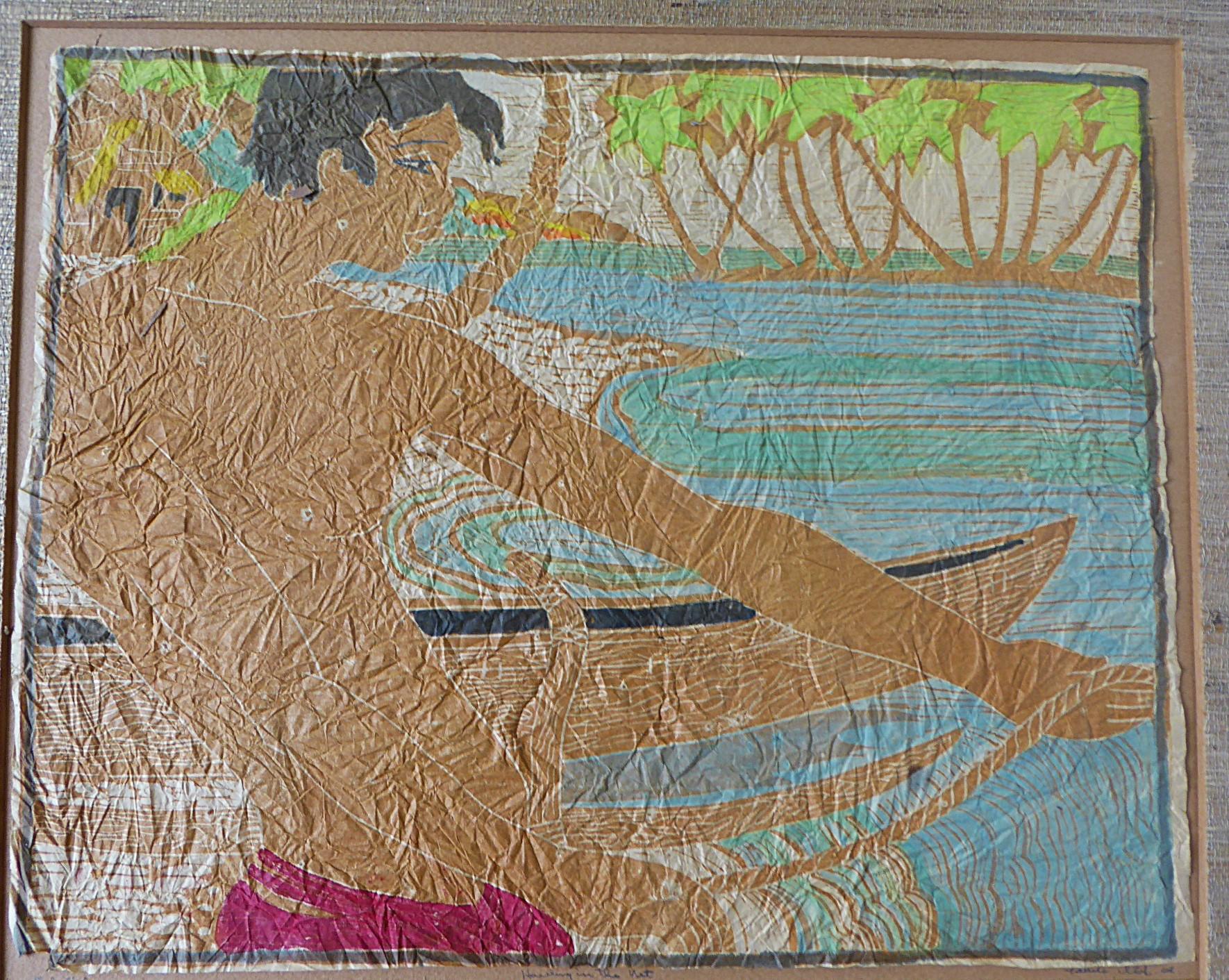 Tropisches modernes Aquarell/Handgefertigtes Papier „Hauling in the Net“ Tahiti 1950er Jahre (Mitte des 20. Jahrhunderts) im Angebot