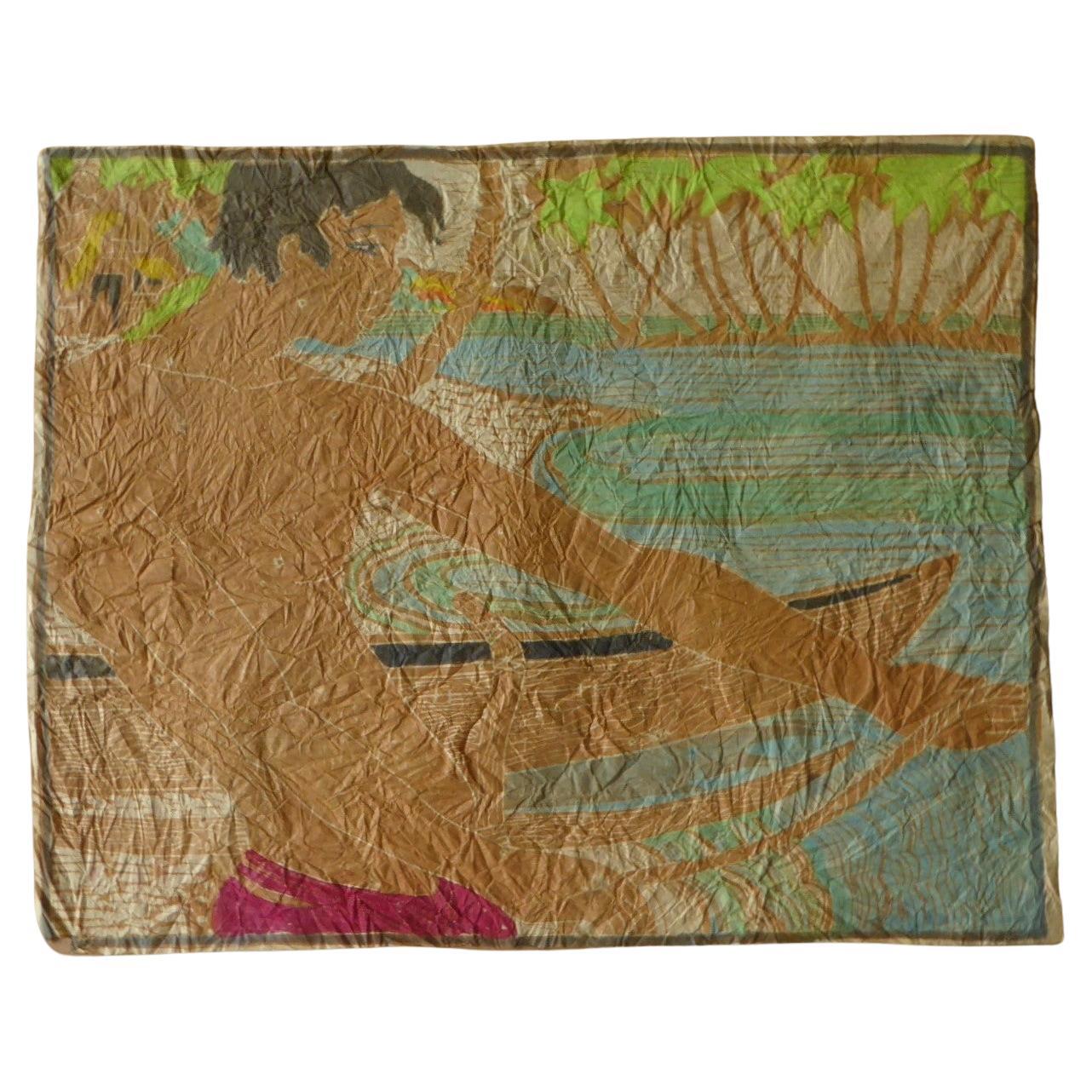Tropical Modern Watercolor/ Handmade Paper "Hauling in the Net" Tahiti 1950s