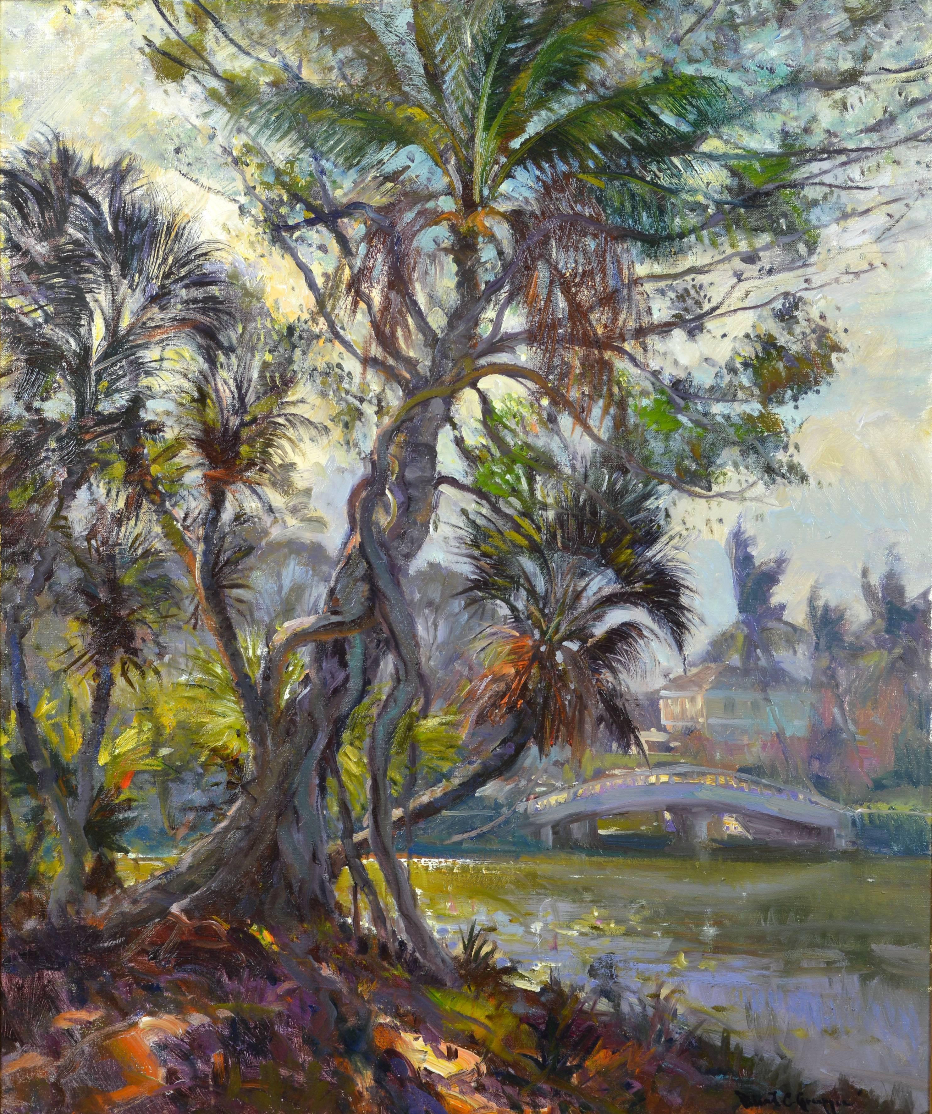 'Tropical Naples View'
By Robert C. Gruppe, American b. 1944.
Measures: 30 x 36 inches with frame, 42 x 48 inches including frame.
Oil on canvas, signed.
Housed in a custom-made vintage frame.

Robert Charles Gruppe:
Being third generation of