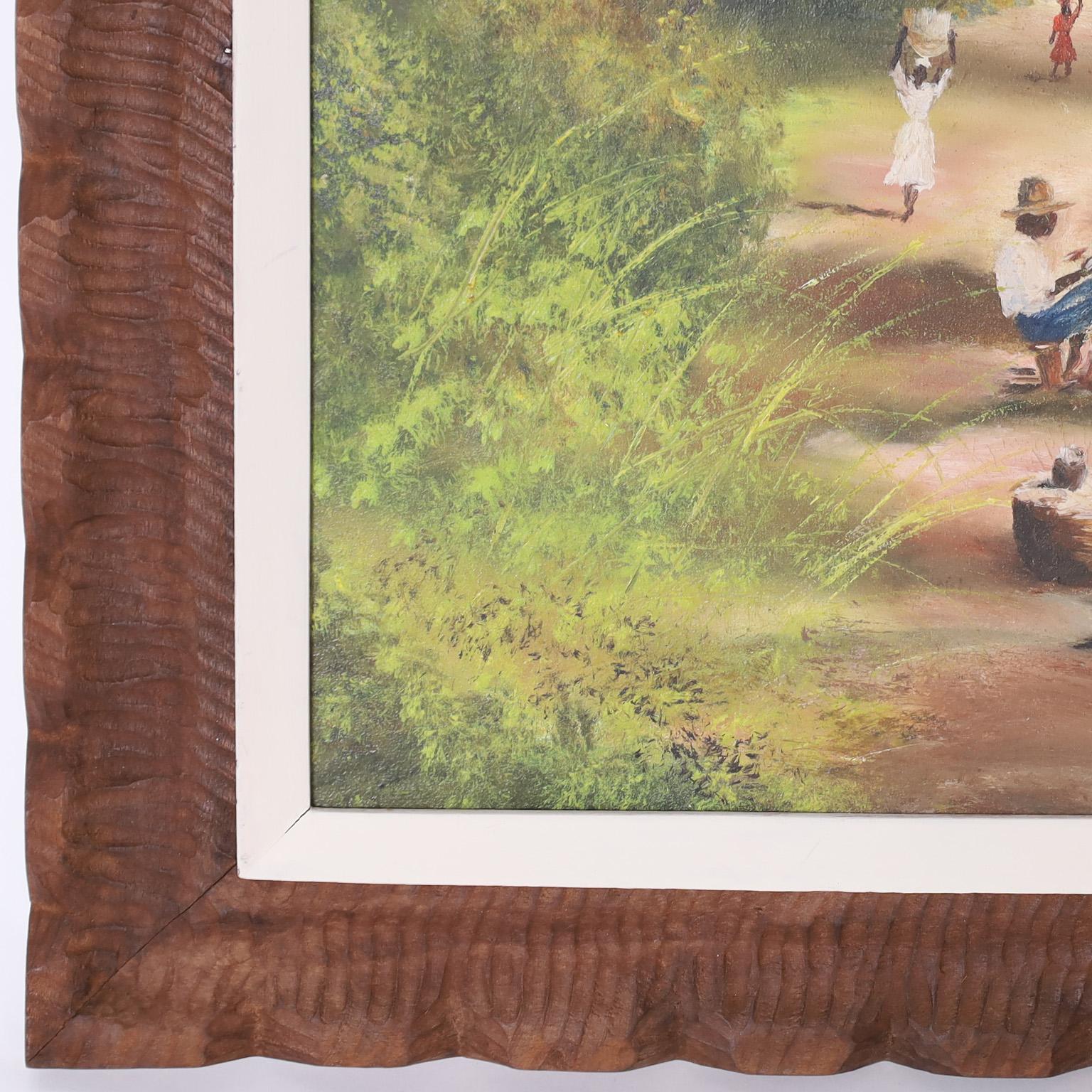 Peinture à l'huile sur toile représentant un chemin ou une route avec des personnages engagés dans la vie quotidienne dans un cadre tropical, exécutée dans un style impressionniste atypique. Signé Poisson Haïti en bas à droite et présenté dans son