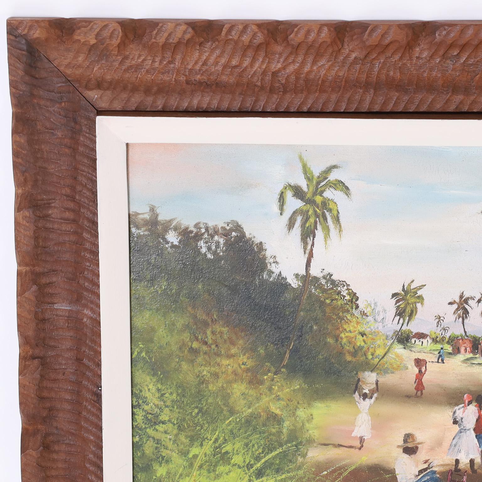 British Colonial Tropical Oil Painting on Canvas of a Haitian Road For Sale