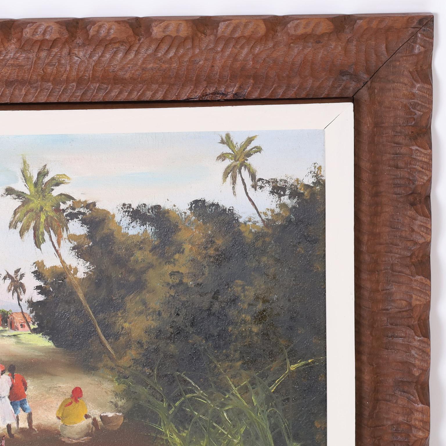 Colonial britannique Peinture à l'huile tropicale sur toile d'une route haïtienne en vente