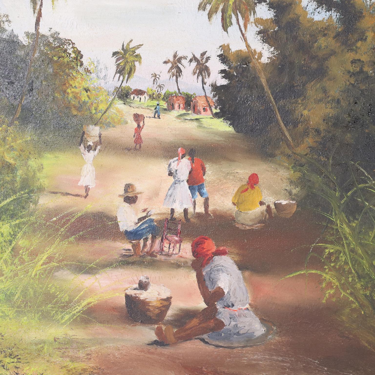 Peint à la main Peinture à l'huile tropicale sur toile d'une route haïtienne en vente