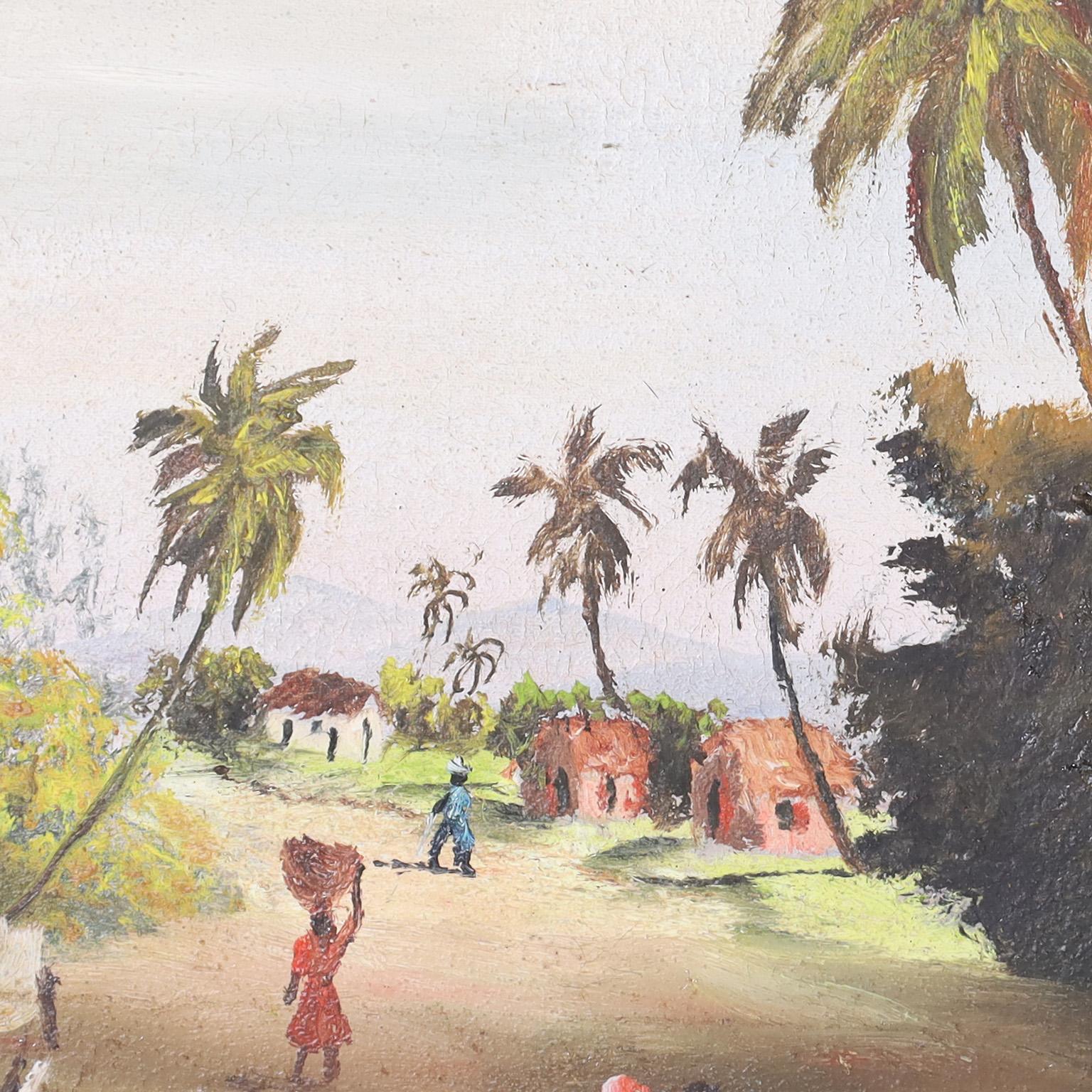 20ième siècle Peinture à l'huile tropicale sur toile d'une route haïtienne en vente