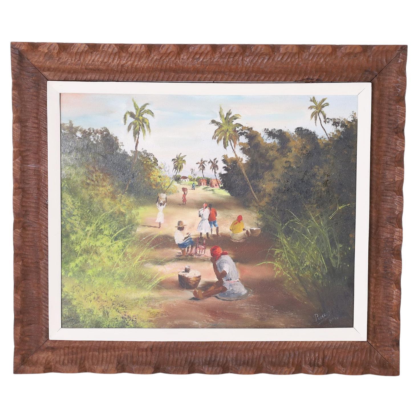 Tropical Oil Painting on Canvas of a Haitian Road For Sale