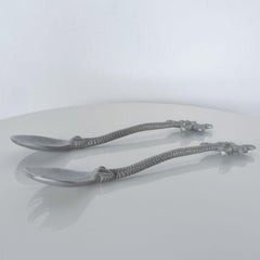 1970s Salad Servers Tropical Palm Tree Aluminum Utensils Large Fork & Spoon