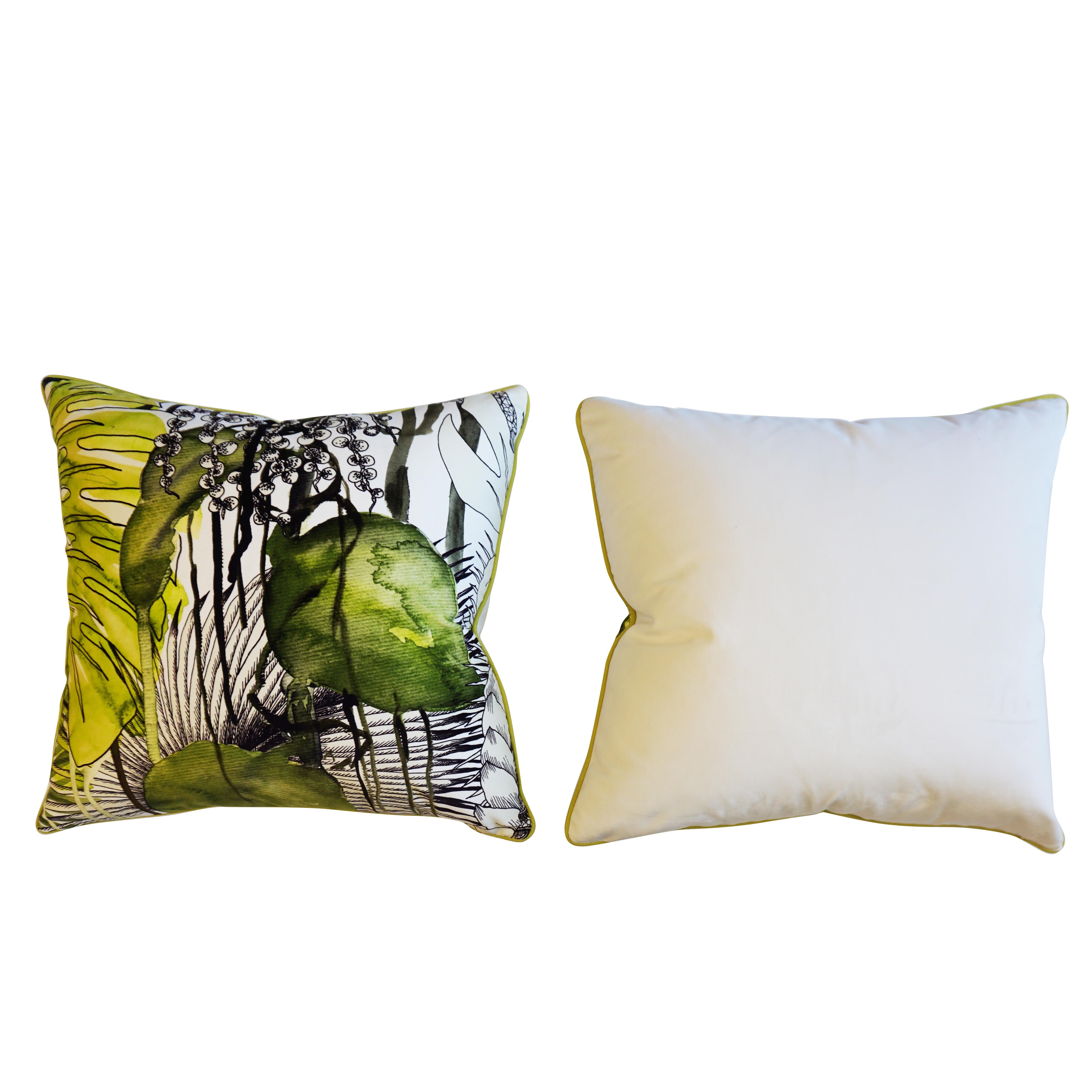 Tropical Palm Velvet Throw Pillows In Excellent Condition In Greenwich, CT