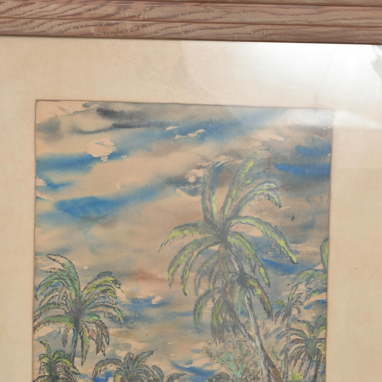 Mid-Century Modern 1953 Landscape Tropical Paradise Hawaii Art Watercolor by N. KATZ