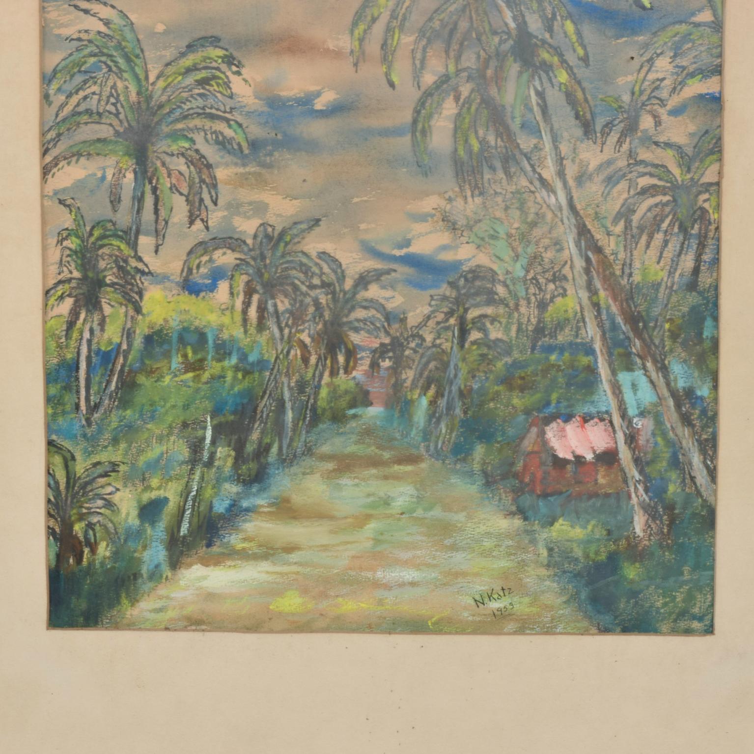 American 1953 Landscape Tropical Paradise Hawaii Art Watercolor by N. KATZ
