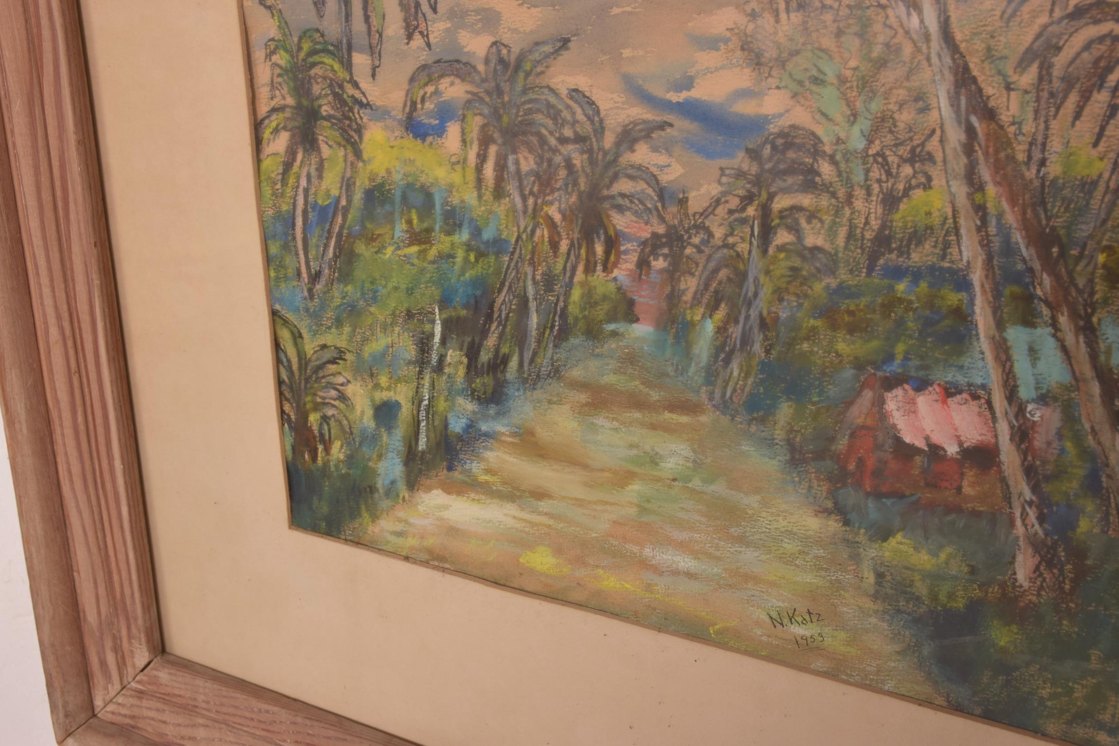 1953 Landscape Tropical Paradise Hawaii Art Watercolor by N. KATZ 1