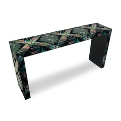 Tropical Pattern Wallpaper Covered Waterfall Console Table