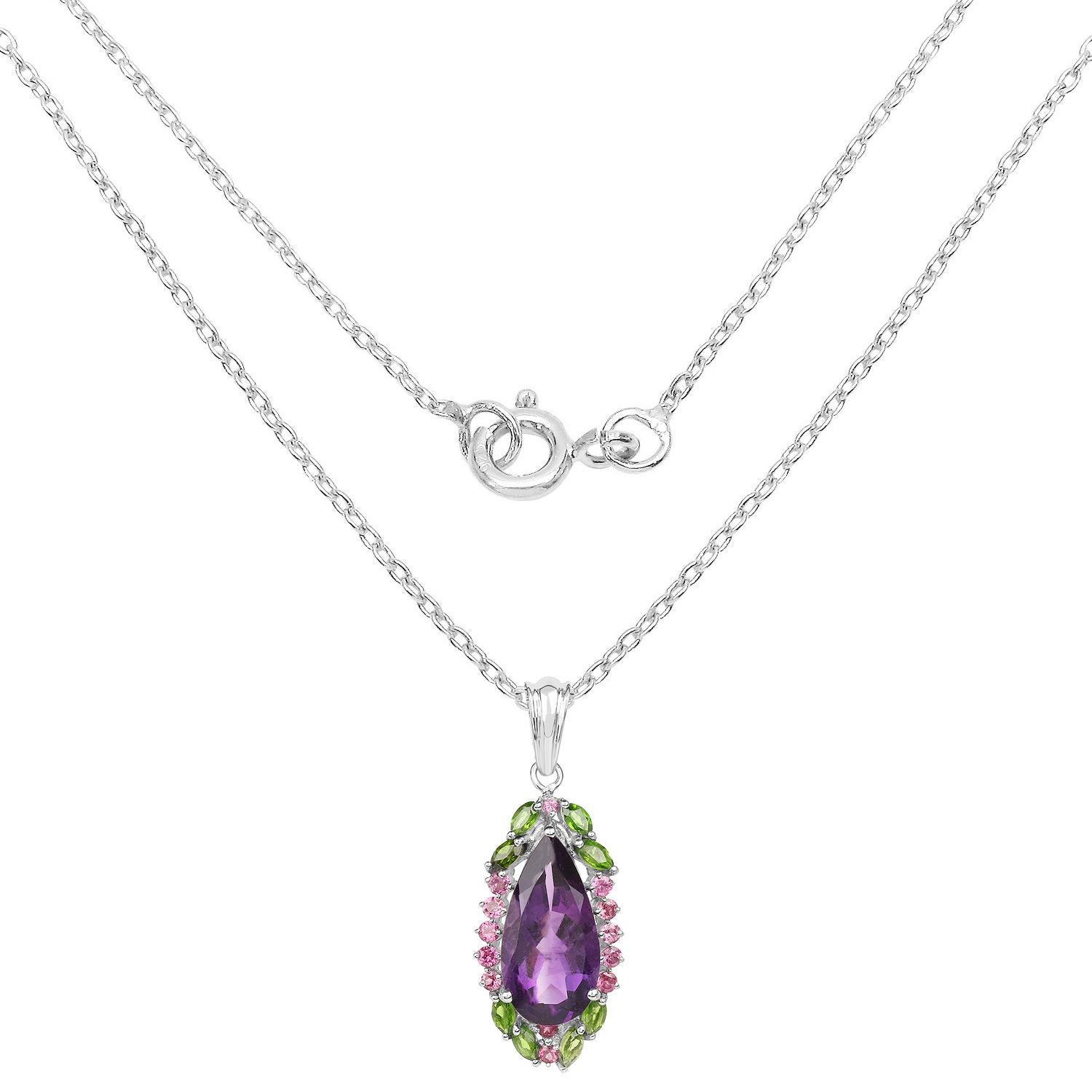 Contemporary Tropical Pendant Necklace Amethyst Rhodolite Chrome Diopside 6.2 Carats For Sale