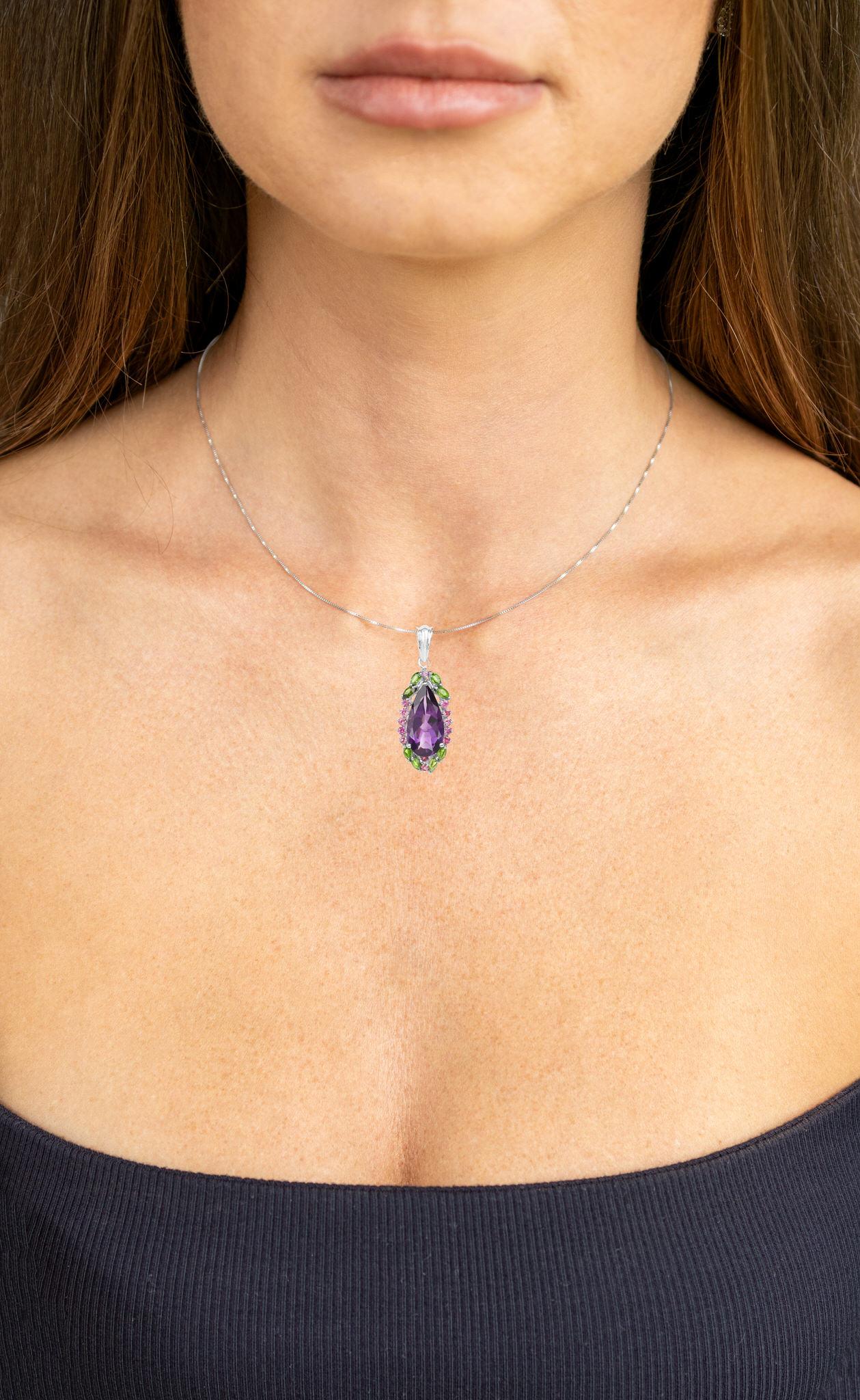 Pear Cut Tropical Pendant Necklace Amethyst Rhodolite Chrome Diopside 6.2 Carats For Sale