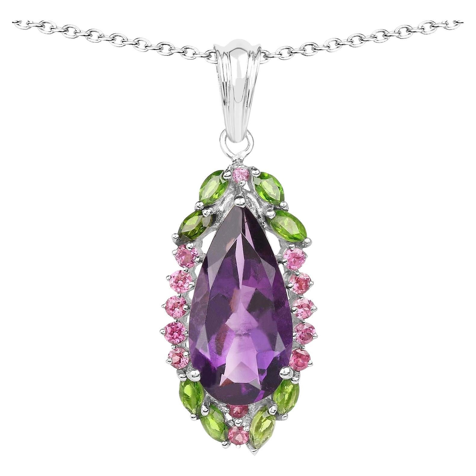 Tropical Pendant Necklace Amethyst Rhodolite Chrome Diopside 6.2 Carats For Sale