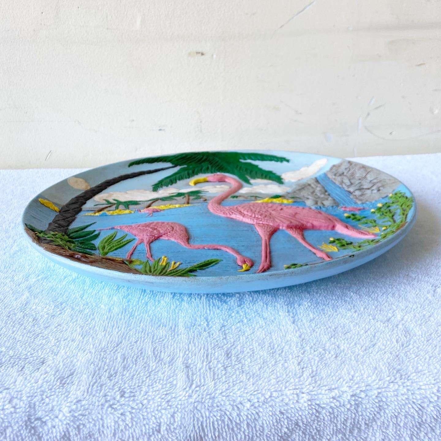 Tropical Pink Flamingo Decorative Ceramic Plate In Good Condition For Sale In Delray Beach, FL