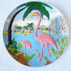 Used Tropical Pink Flamingo Decorative Ceramic Plate