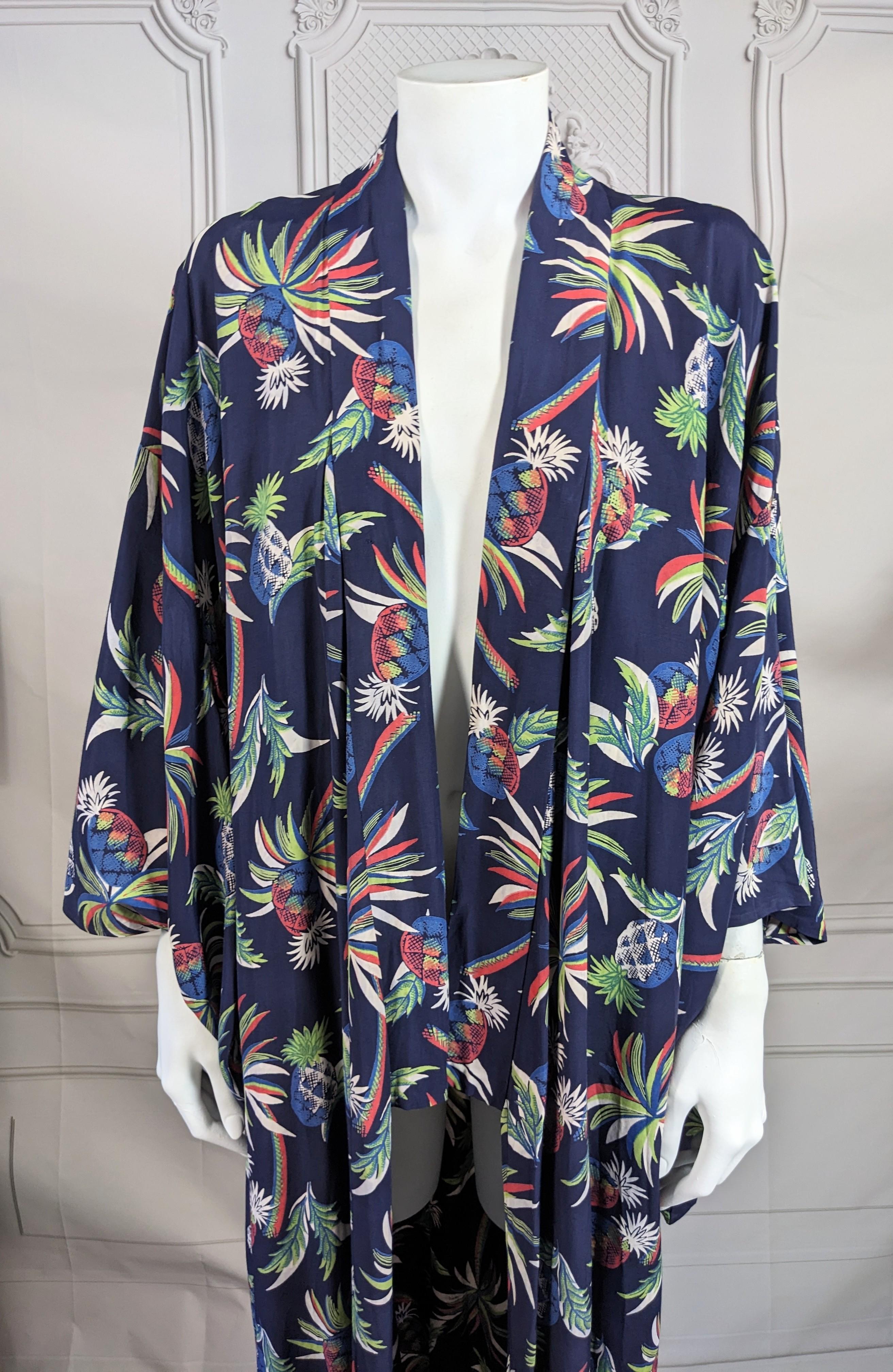 Black Tropical Rayon Print Kimono, 1940s For Sale