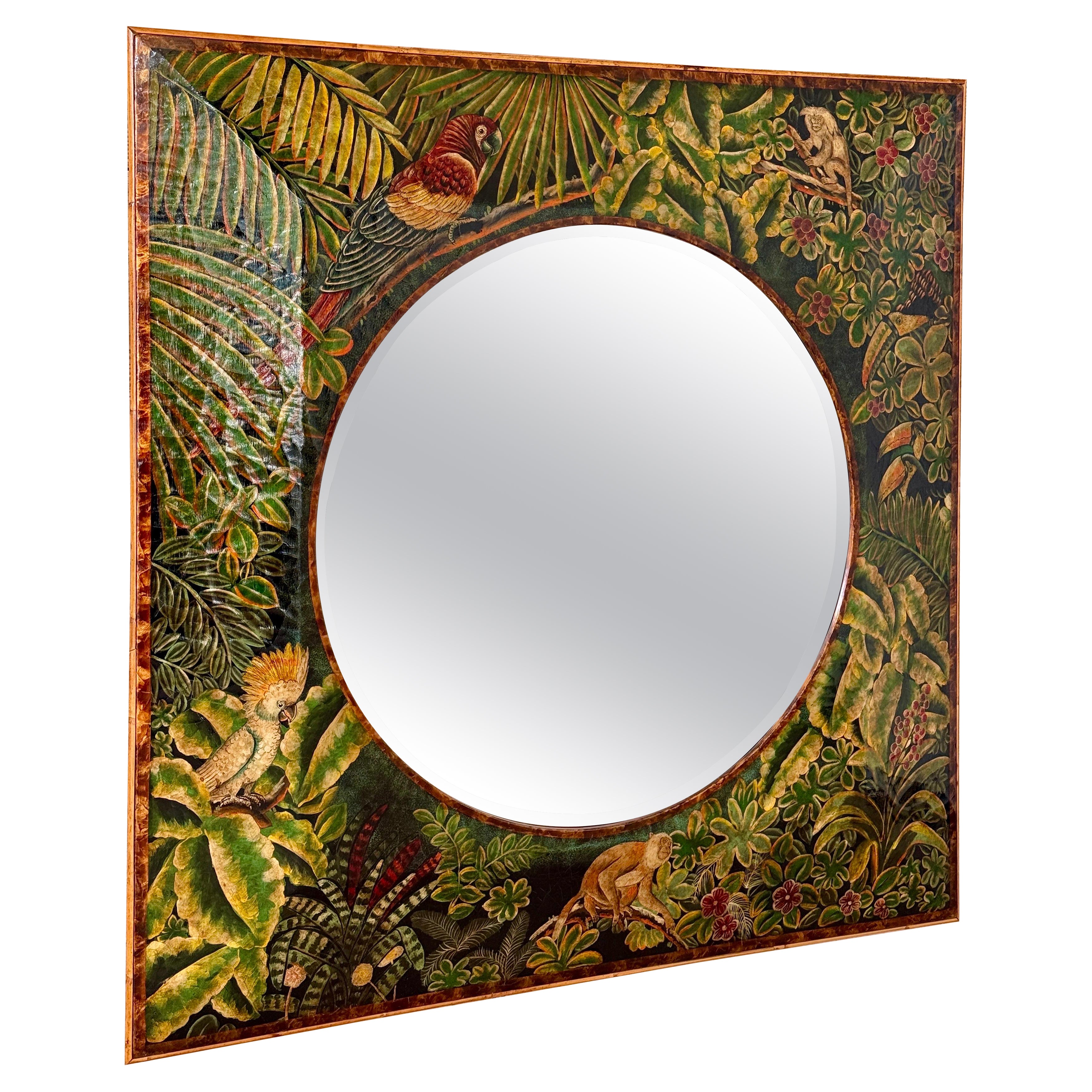 Miroir en mosaïque Tropical Regency avec motif de jungle peint à la main et garniture en rotin en vente