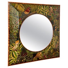 Miroir en mosaïque Tropical Regency avec motif de jungle peint à la main et garniture en rotin