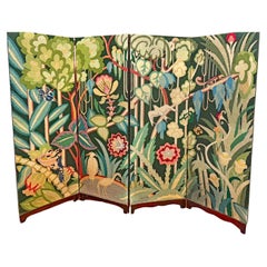 "Tropical Scene in Green and Blue", Stunning Art Deco Folding Screen w/ Birds