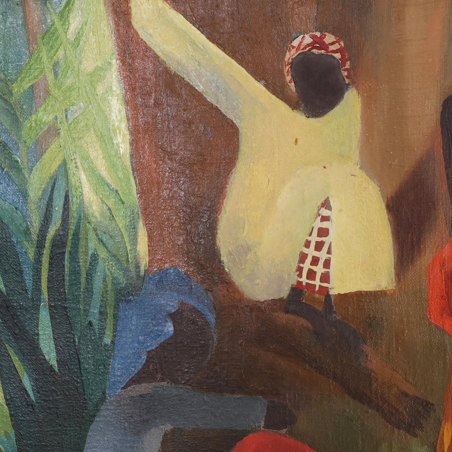 Tropical Scene Oil Painting on Canvas of Three Figures In Good Condition For Sale In Palm Beach, FL