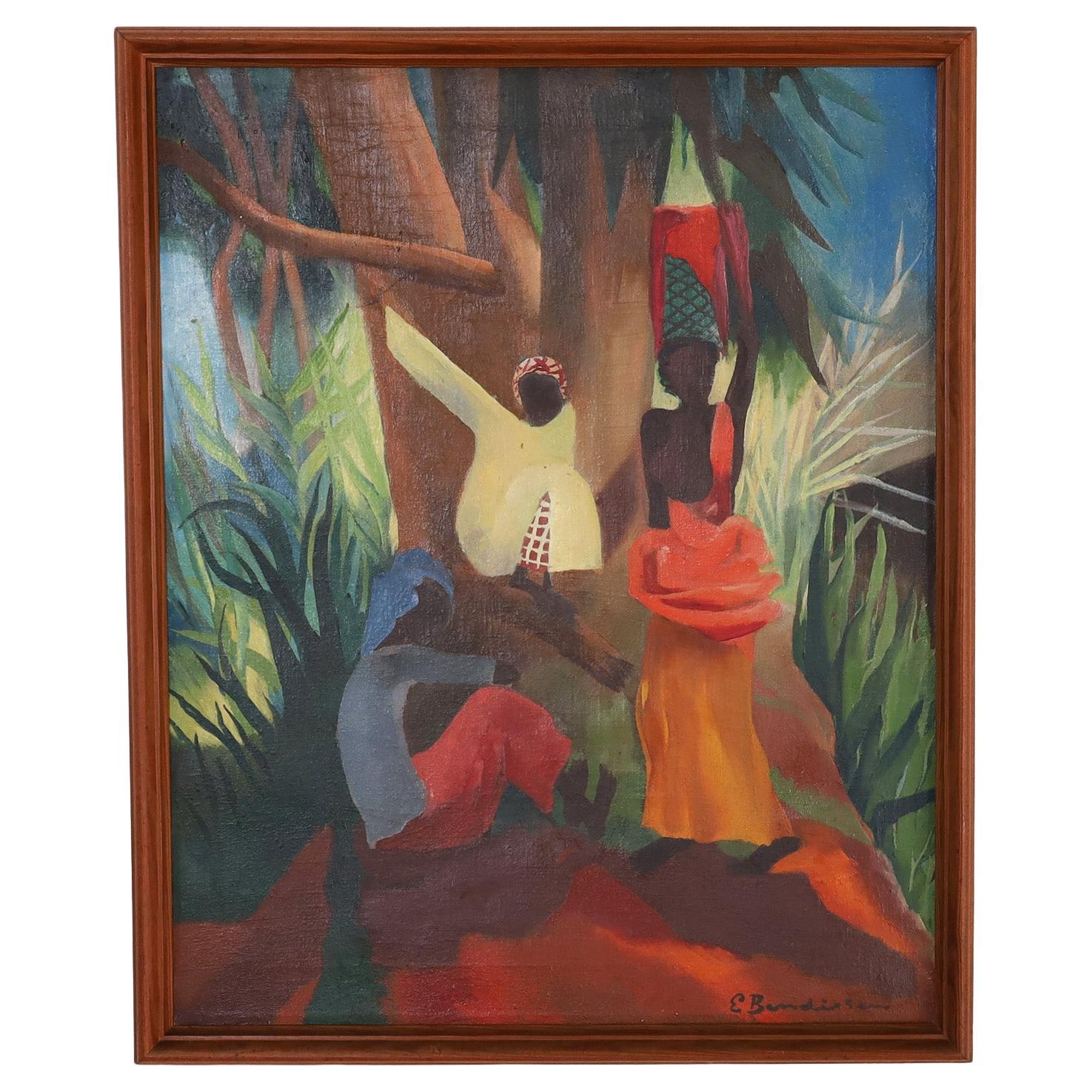 Peinture à l'huile sur toile d'une scène tropicale représentant trois personnages