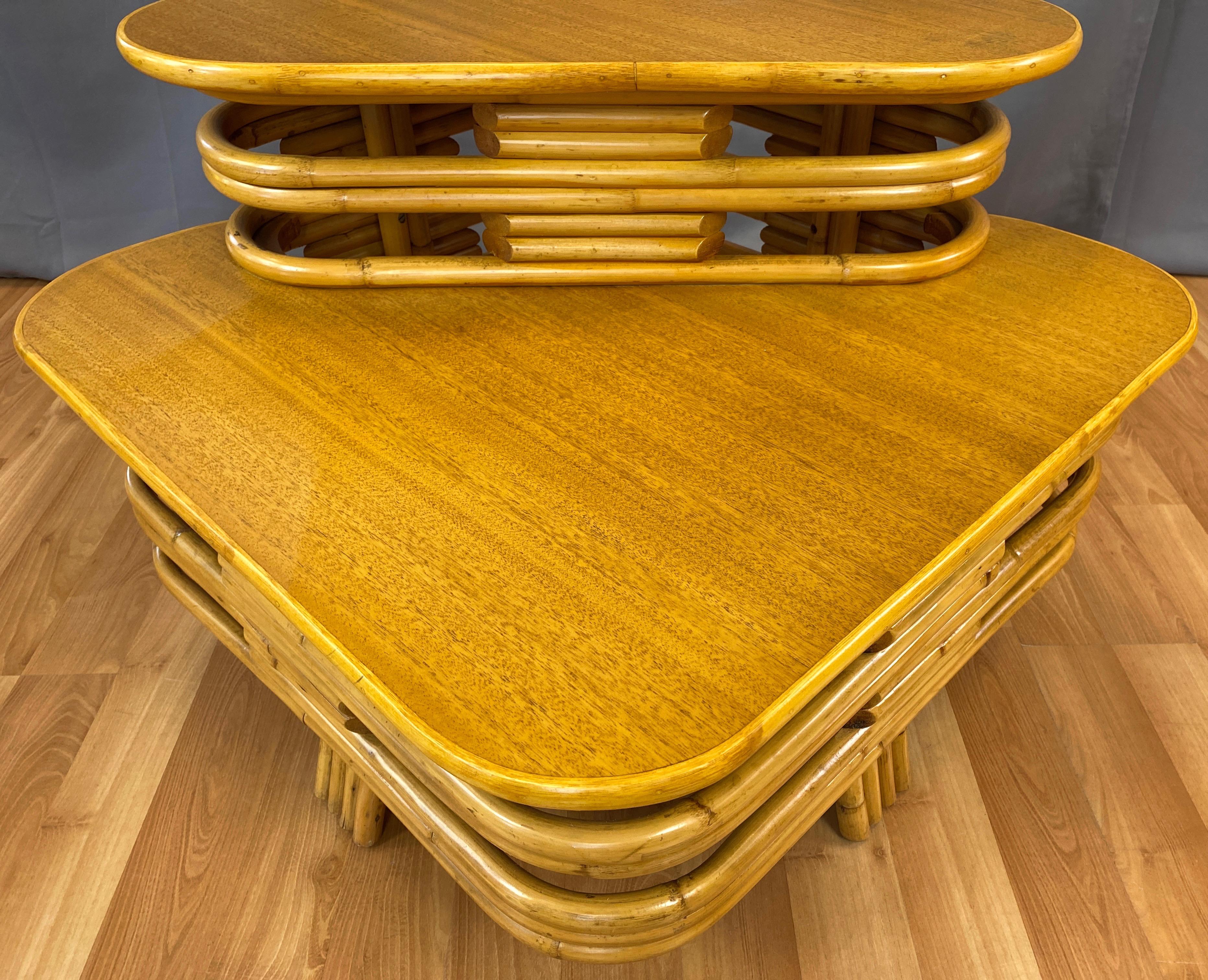 Tropical Sun Co. Frankl Style Rattan & Mahogany Two-Tier Corner Table, 1940s 3