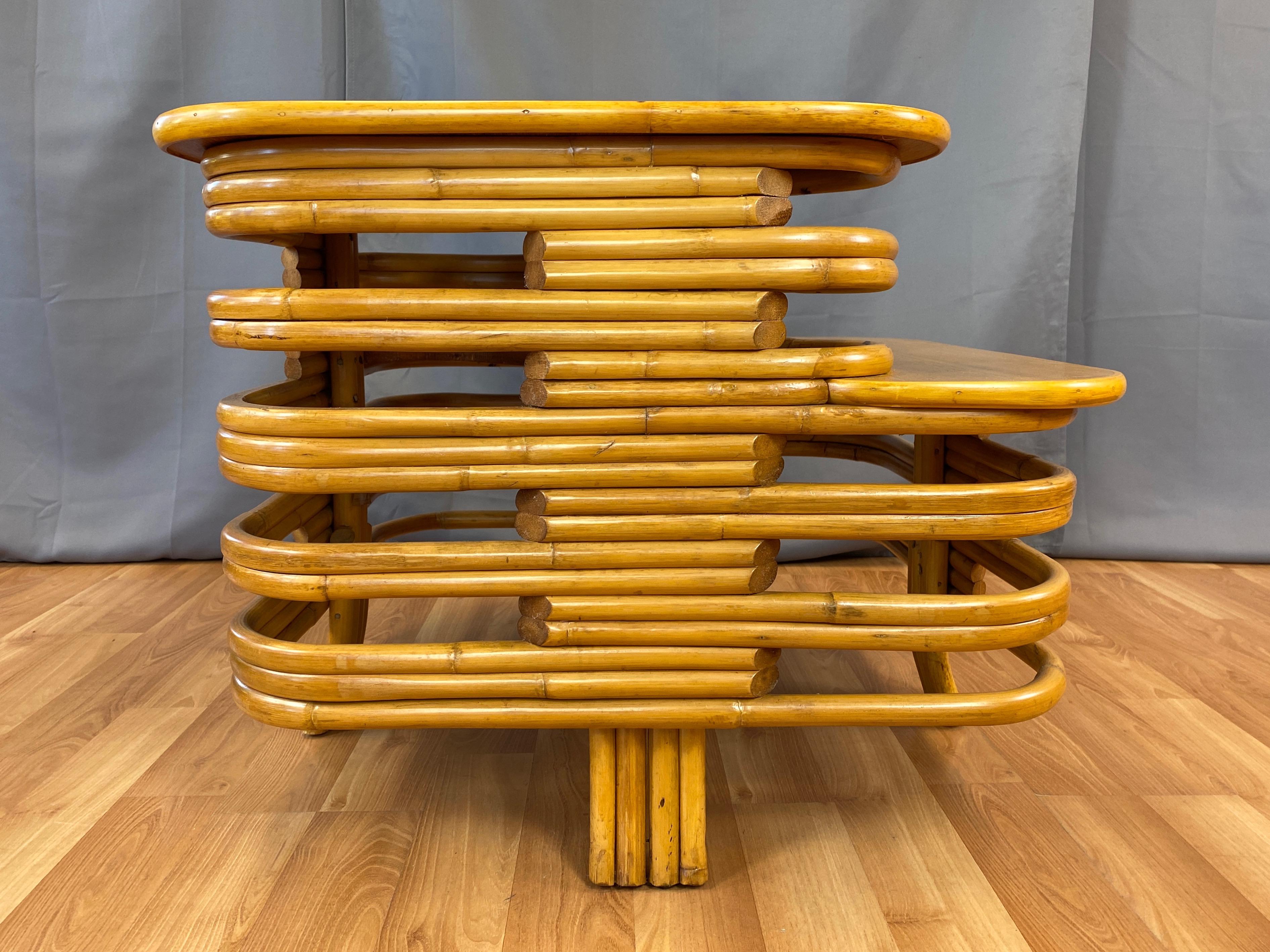 Tropical Sun Co. Frankl Style Rattan & Mahogany Two-Tier Corner Table, 1940s In Good Condition In San Francisco, CA