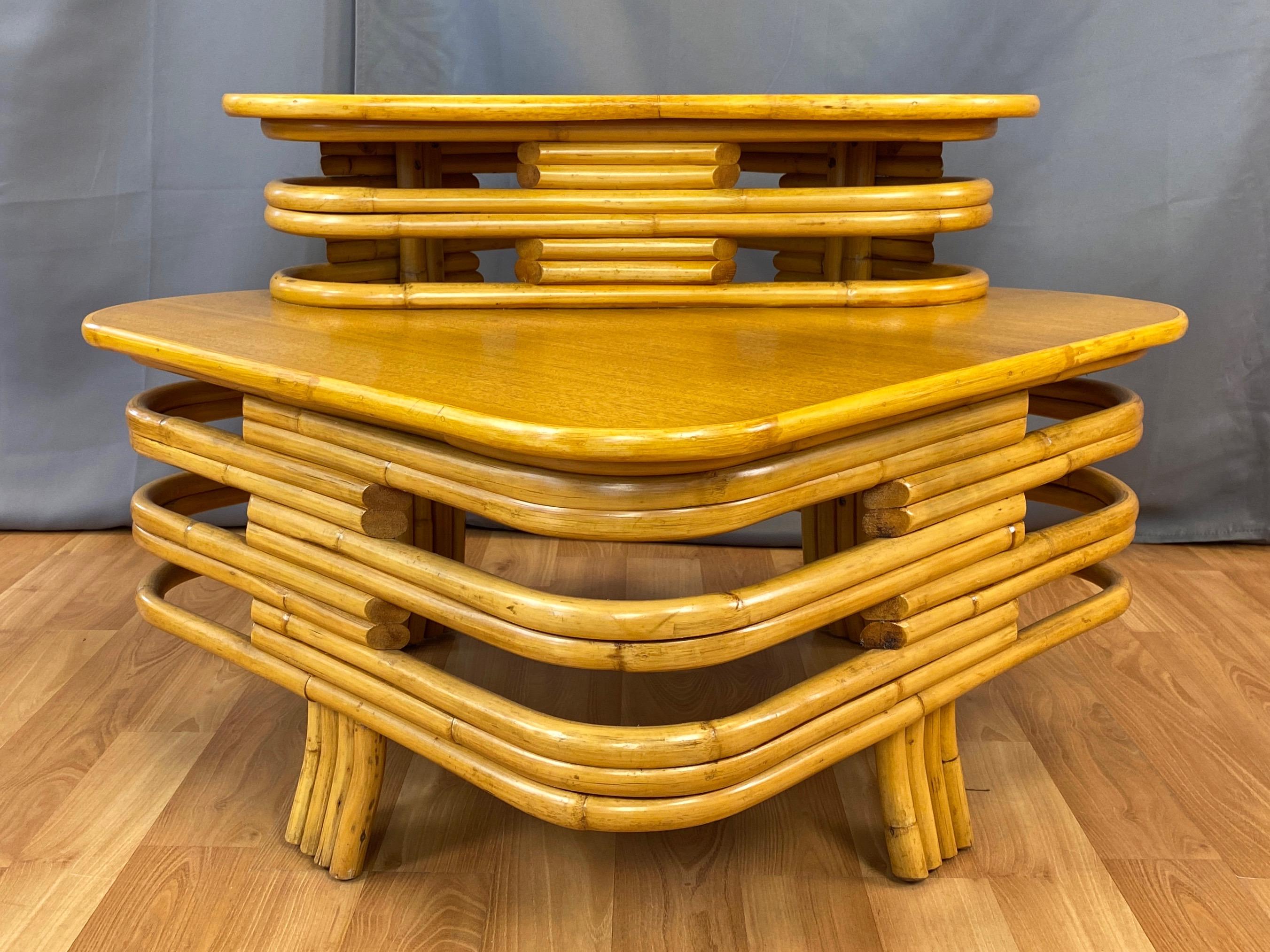 Mid-20th Century Tropical Sun Co. Frankl Style Rattan & Mahogany Two-Tier Corner Table, 1940s