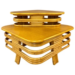 Tropical Sun Co. Frankl Style Rattan & Mahogany Two-Tier Corner Table, 1940s