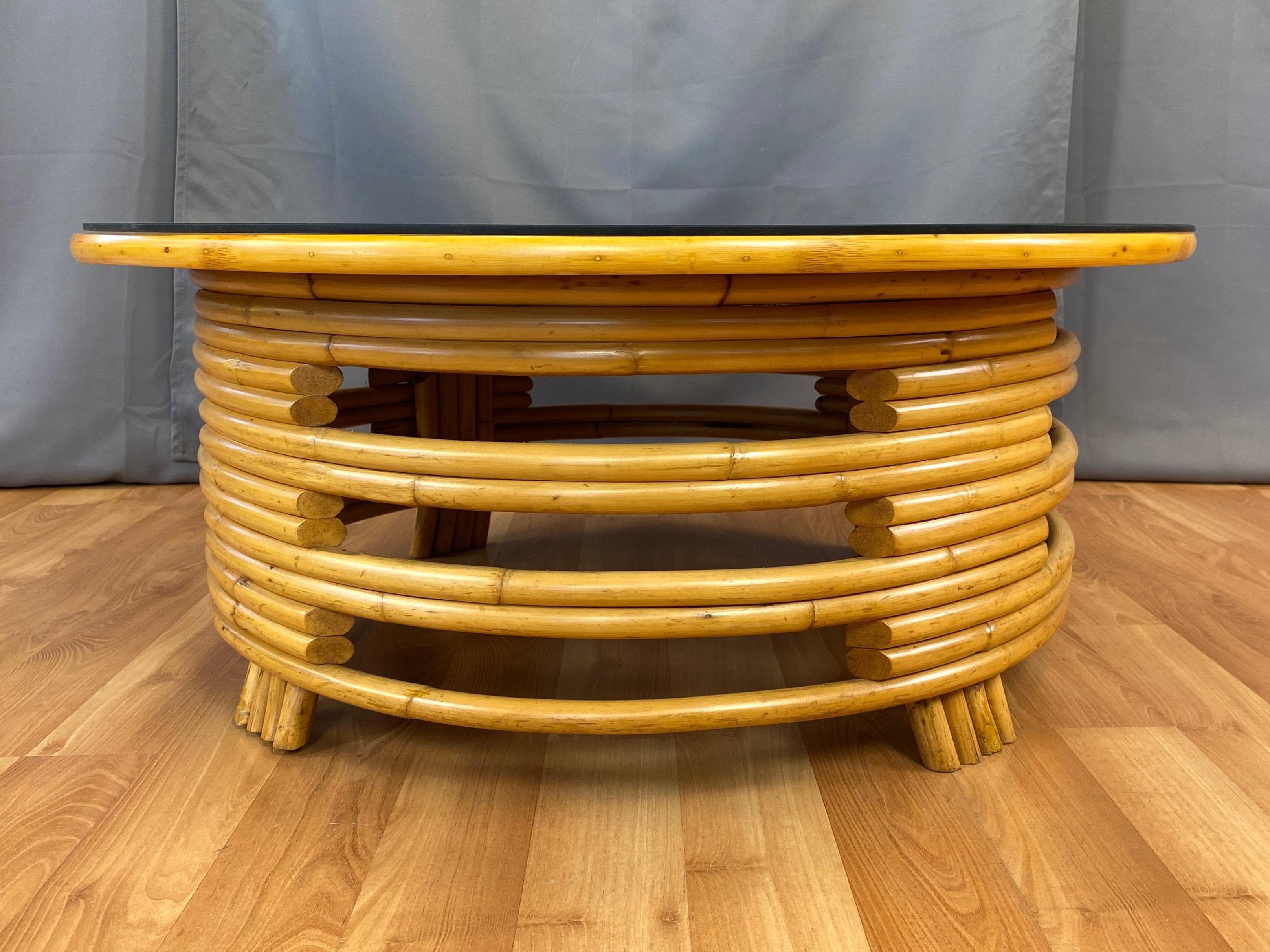 American Tropical Sun Co. Paul Frankl Style Rattan & Mahogany Round Coffee Table, 1940s