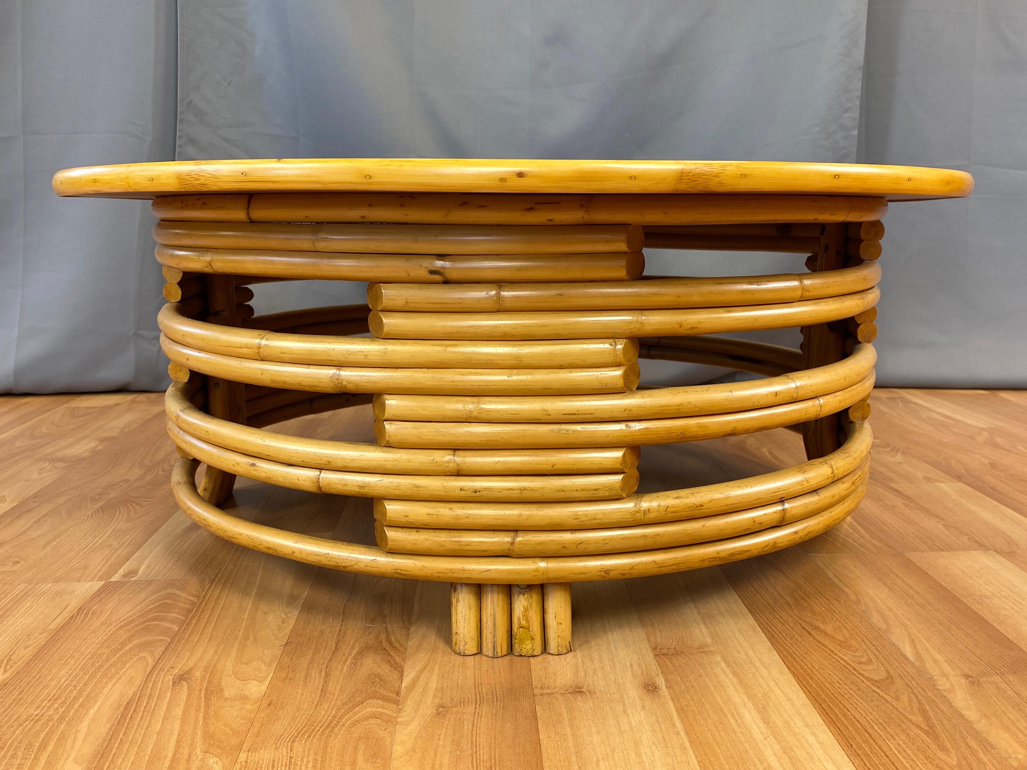 Tropical Sun Co. Paul Frankl Style Rattan & Mahogany Round Coffee Table, 1940s In Good Condition In San Francisco, CA
