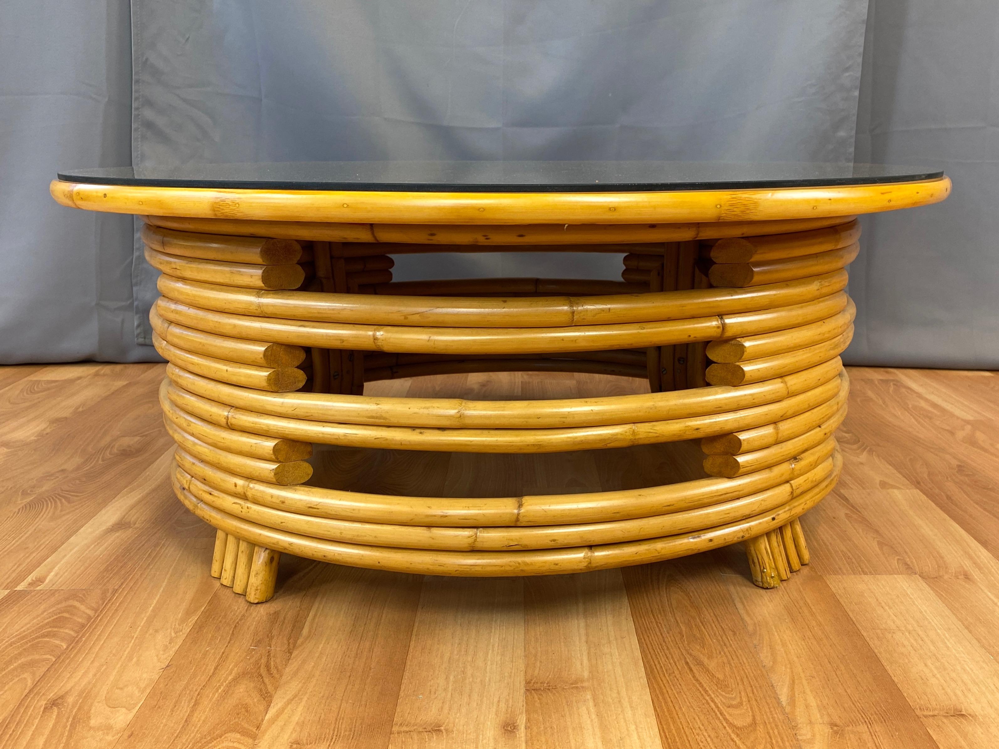 Mid-20th Century Tropical Sun Co. Paul Frankl Style Rattan & Mahogany Round Coffee Table, 1940s