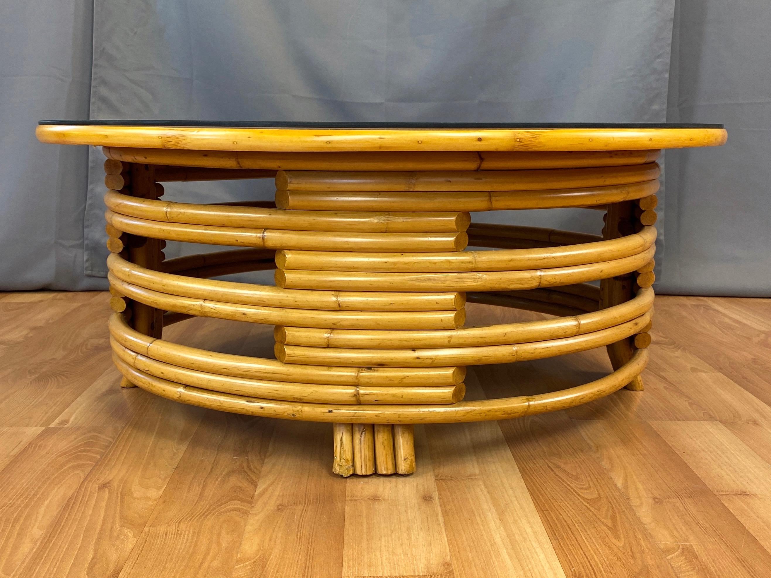 Tropical Sun Co. Paul Frankl Style Rattan & Mahogany Round Coffee Table, 1940s 1