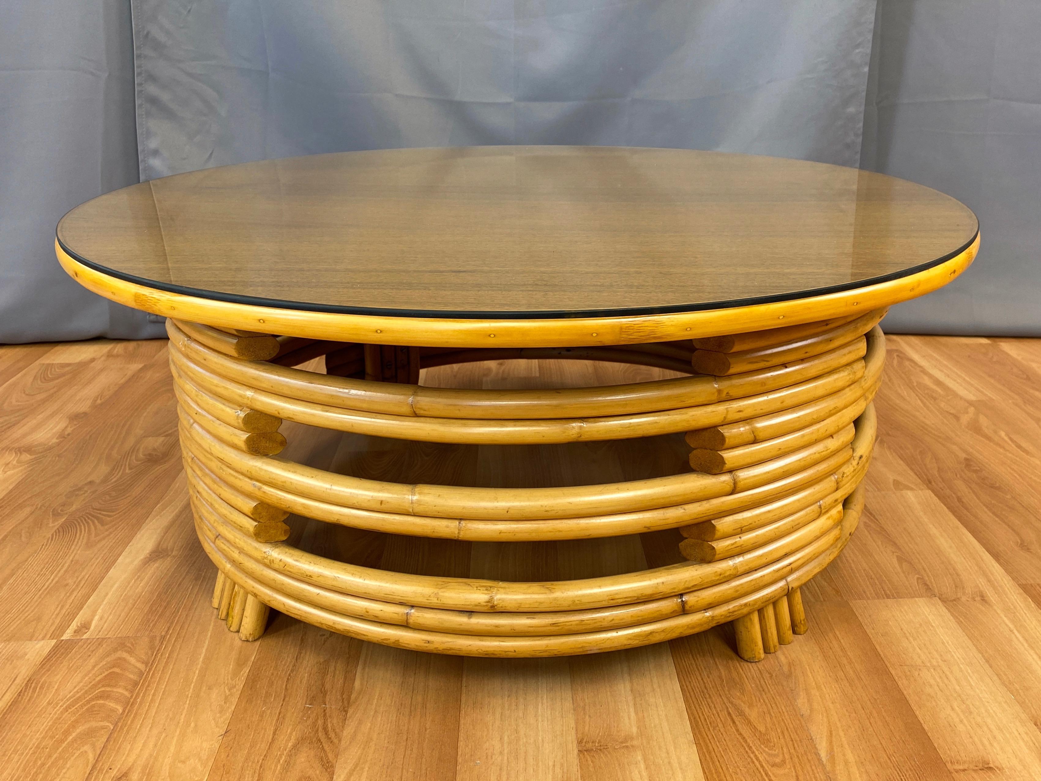 Tropical Sun Co. Paul Frankl Style Rattan & Mahogany Round Coffee Table, 1940s 2