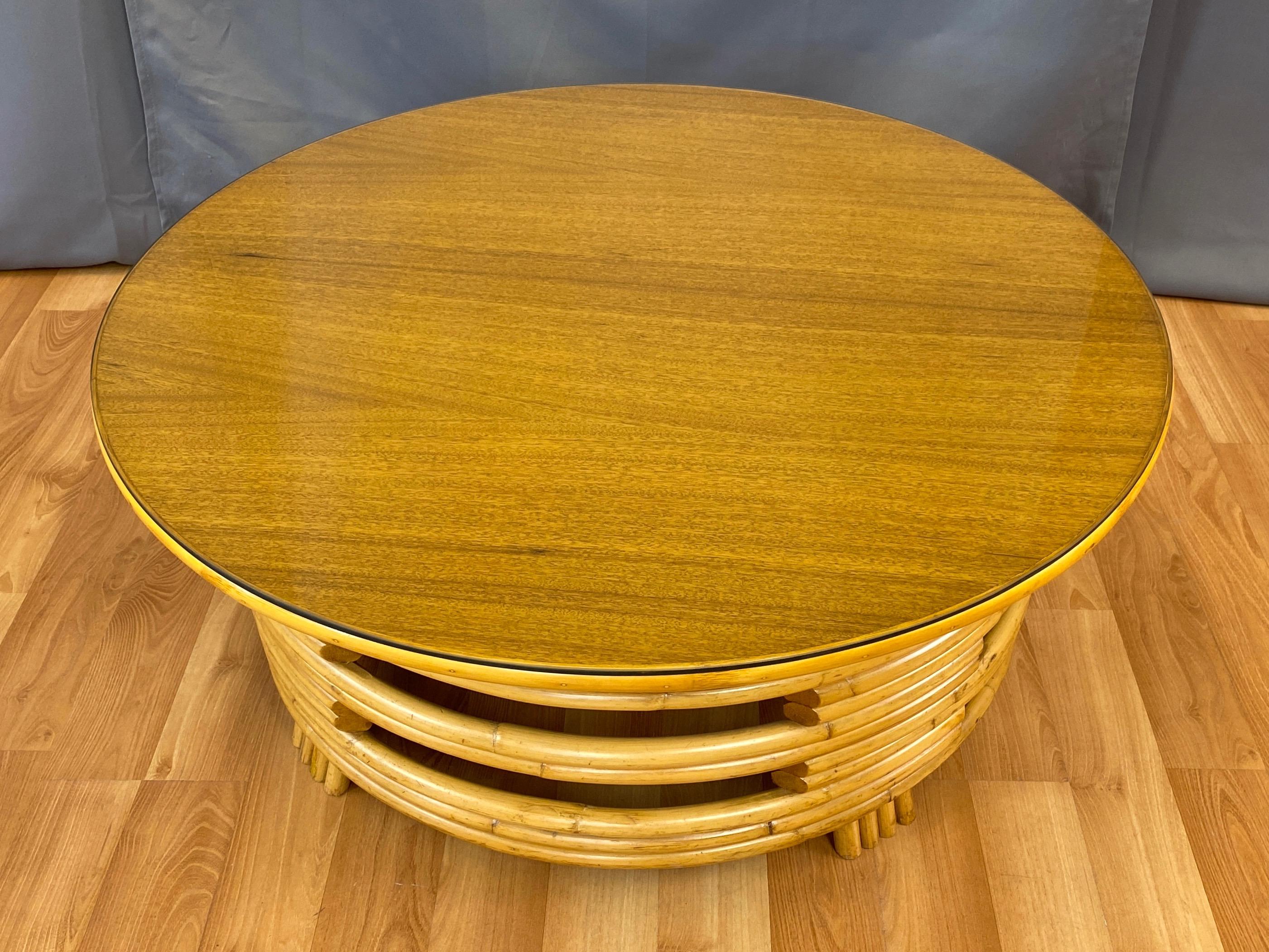 Tropical Sun Co. Paul Frankl Style Rattan & Mahogany Round Coffee Table, 1940s 3