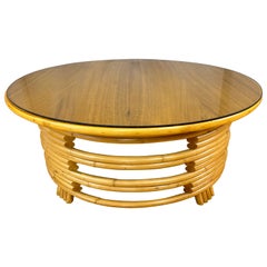 Tropical Sun Co. Paul Frankl Style Rattan & Mahogany Round Coffee Table, 1940s