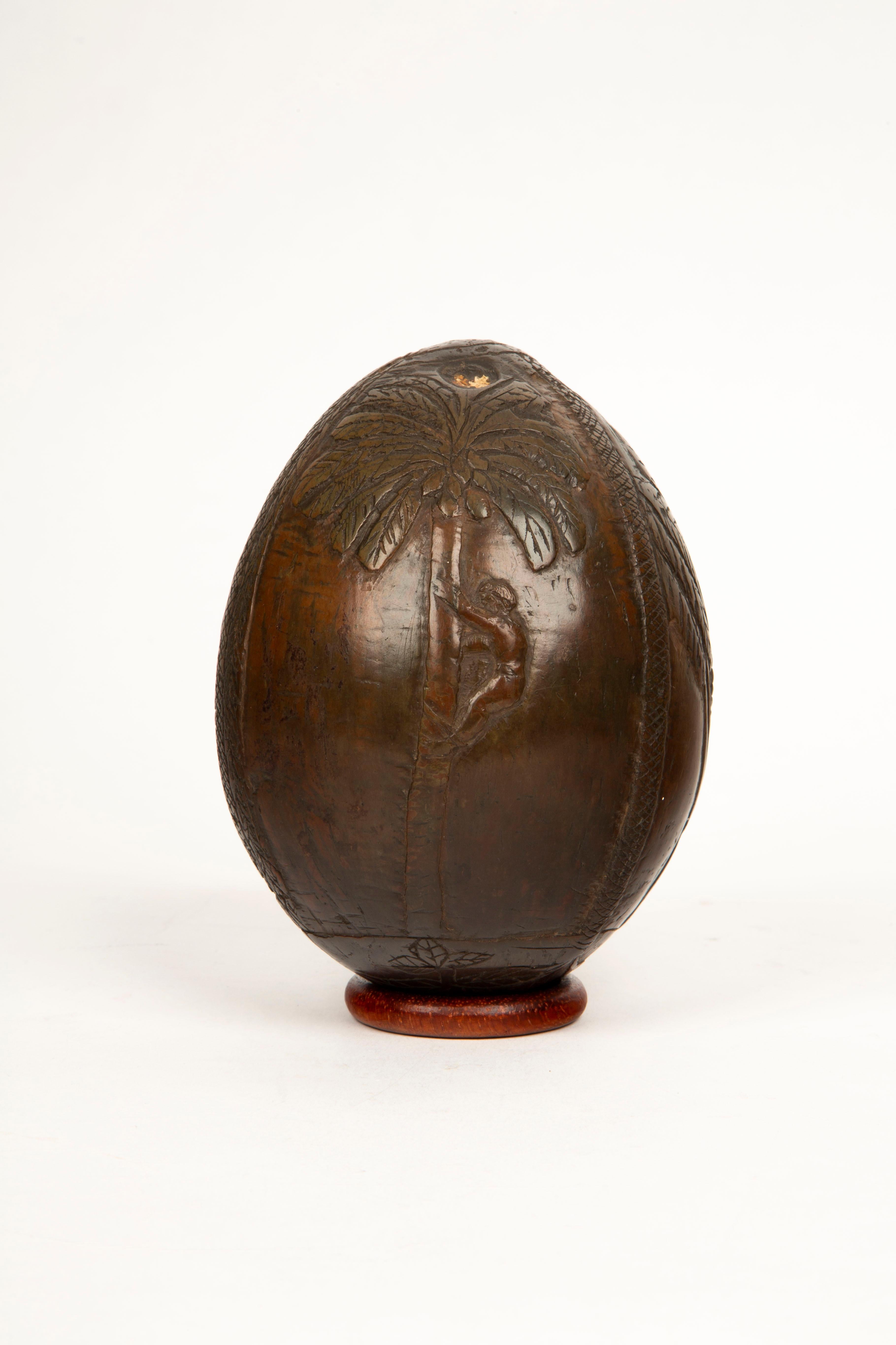 Tropical Tales: Rare 19th-Century French Colonial Carved Coconut Flask For Sale 4