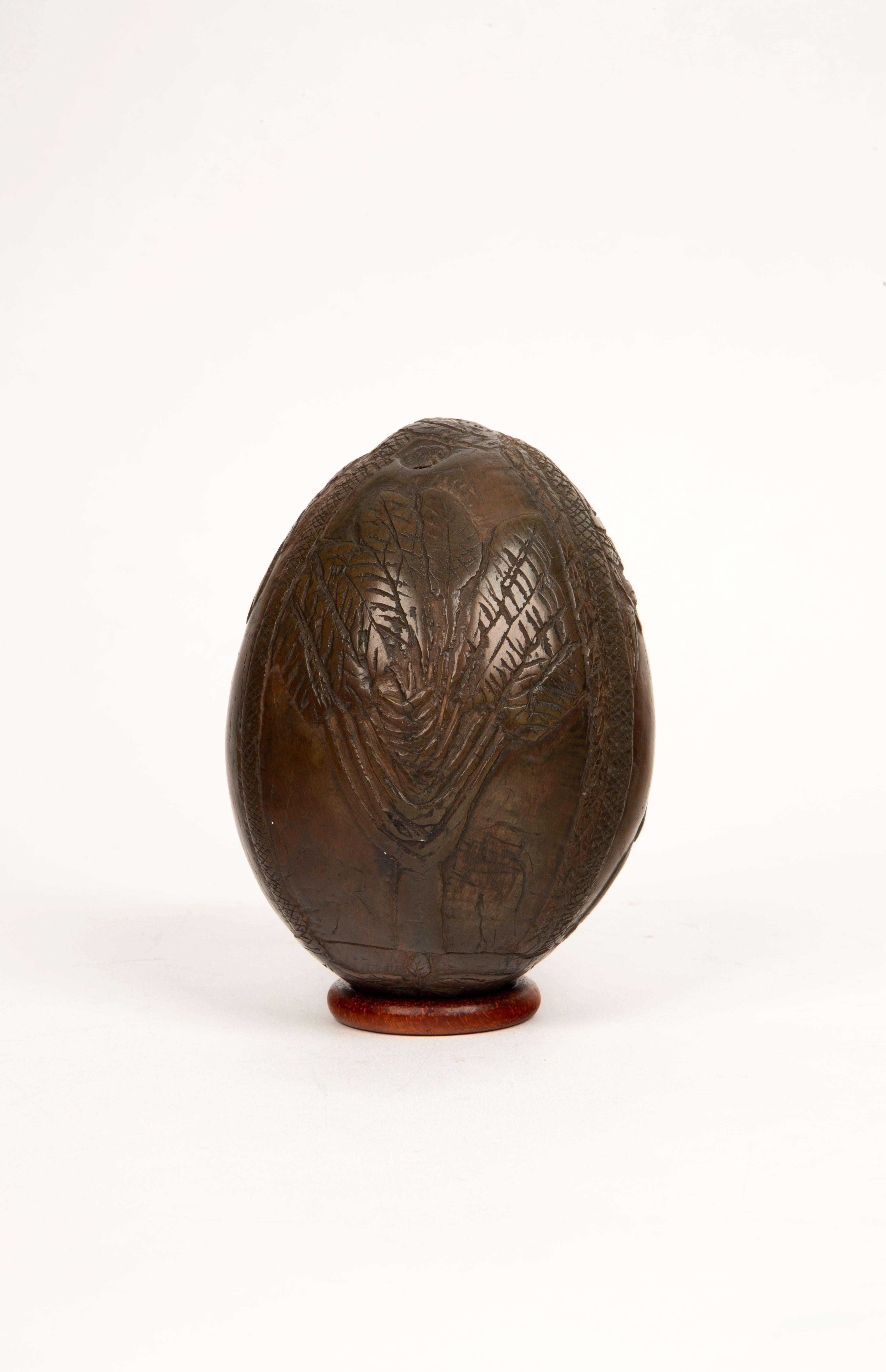 Tropical Tales: Rare 19th-Century French Colonial Carved Coconut Flask For Sale 5