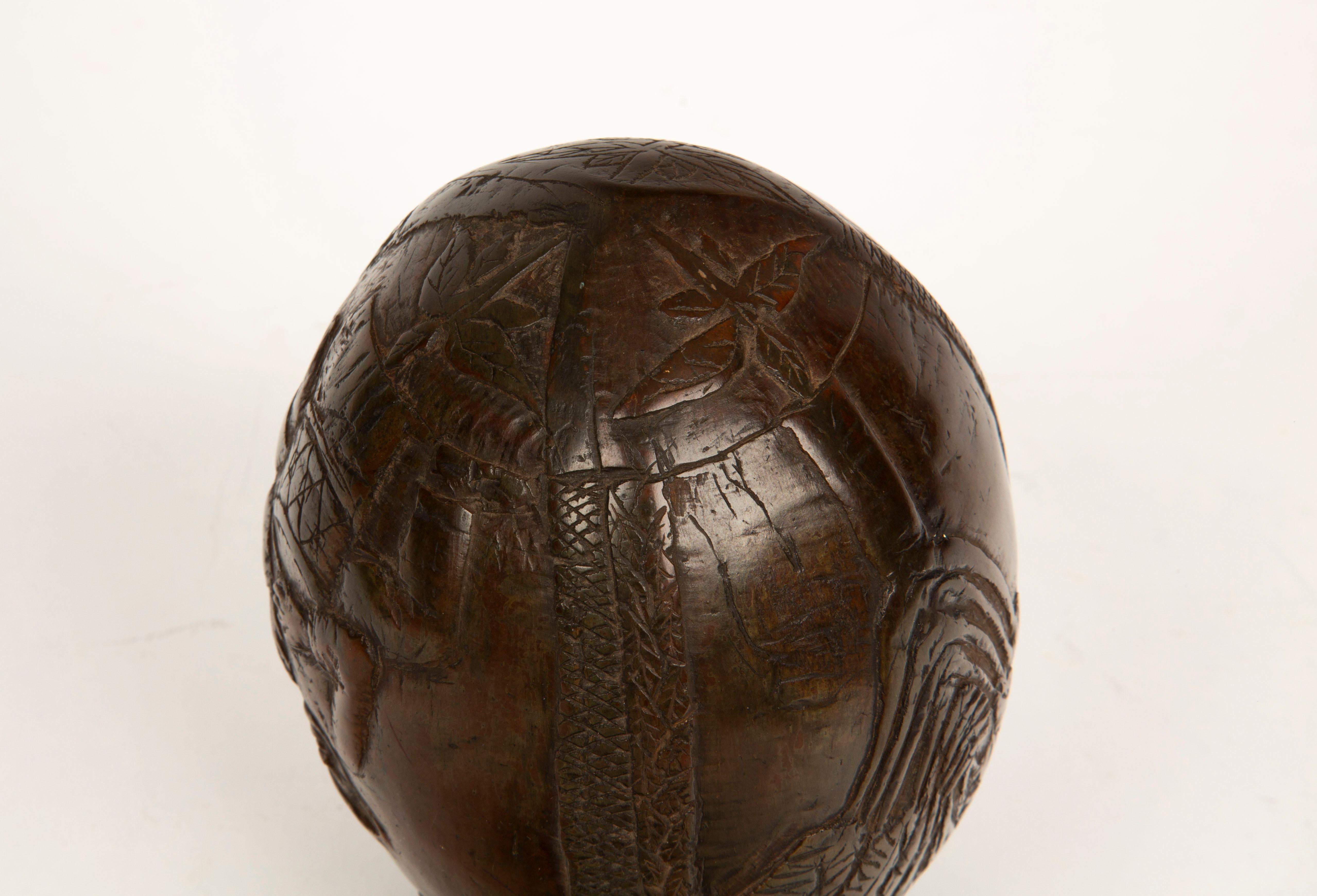 Tropical Tales: Rare 19th-Century French Colonial Carved Coconut Flask For Sale 6