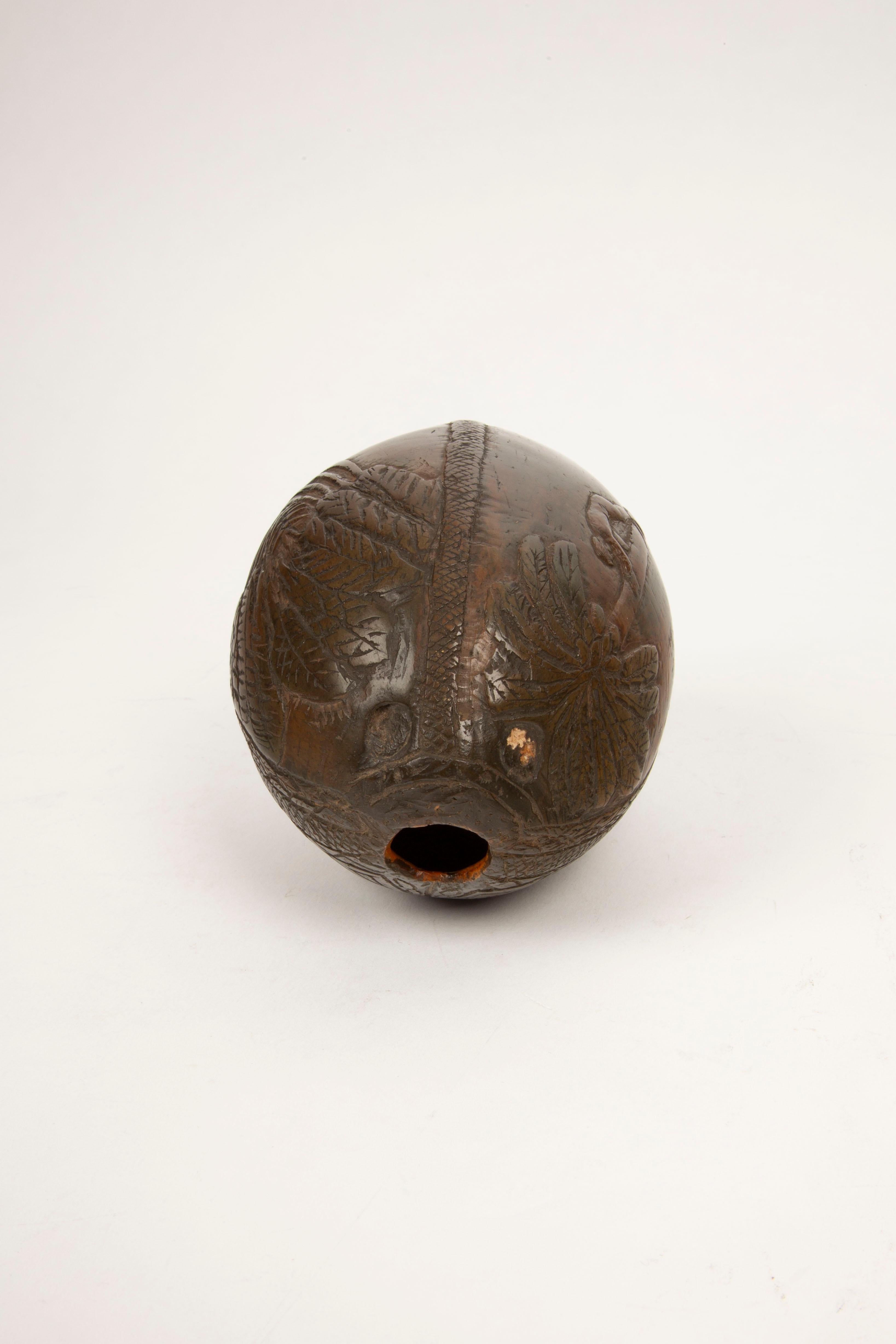 Tropical Tales: Rare 19th-Century French Colonial Carved Coconut Flask In Good Condition For Sale In New York, NY