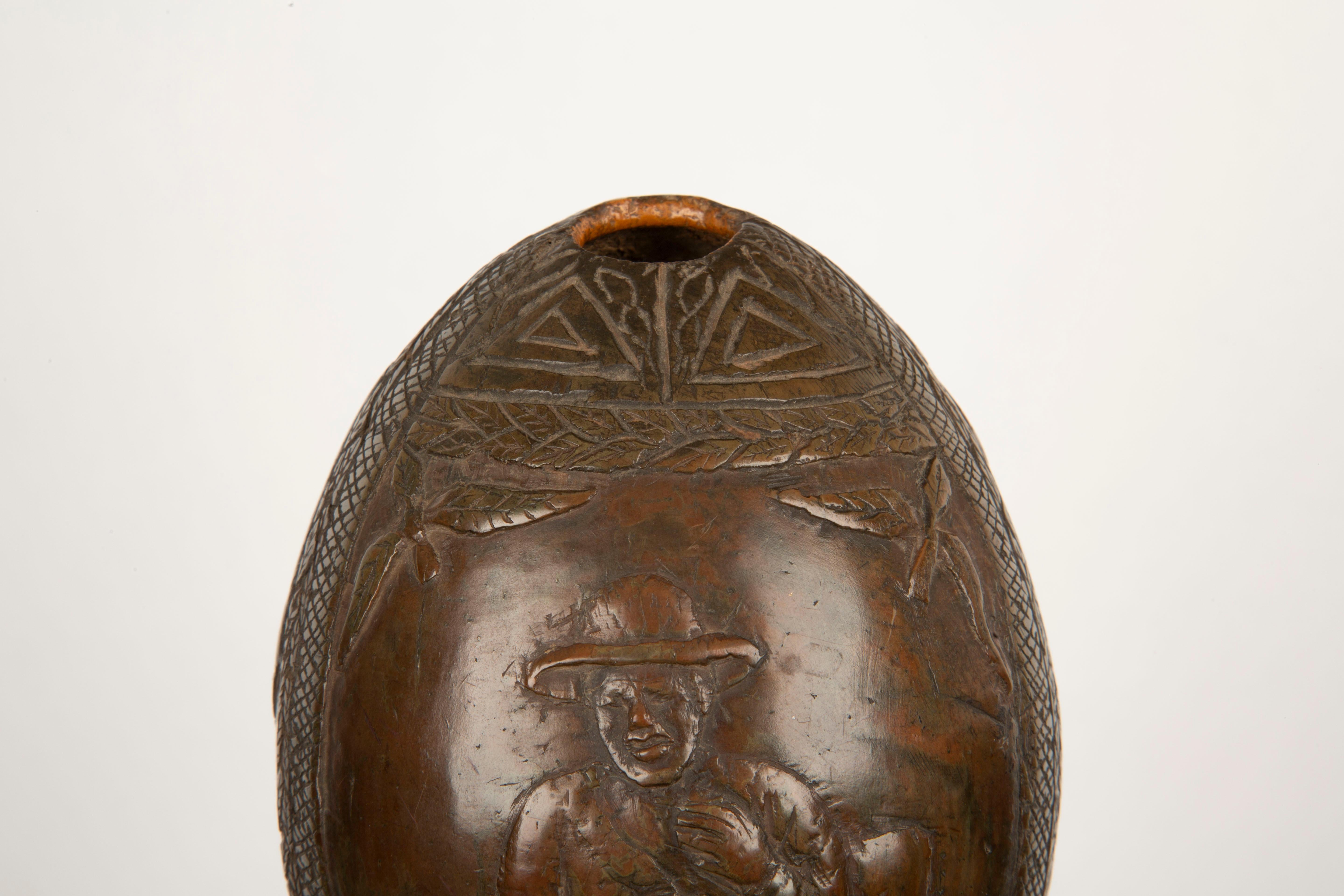 19th Century Tropical Tales: Rare 19th-Century French Colonial Carved Coconut Flask For Sale