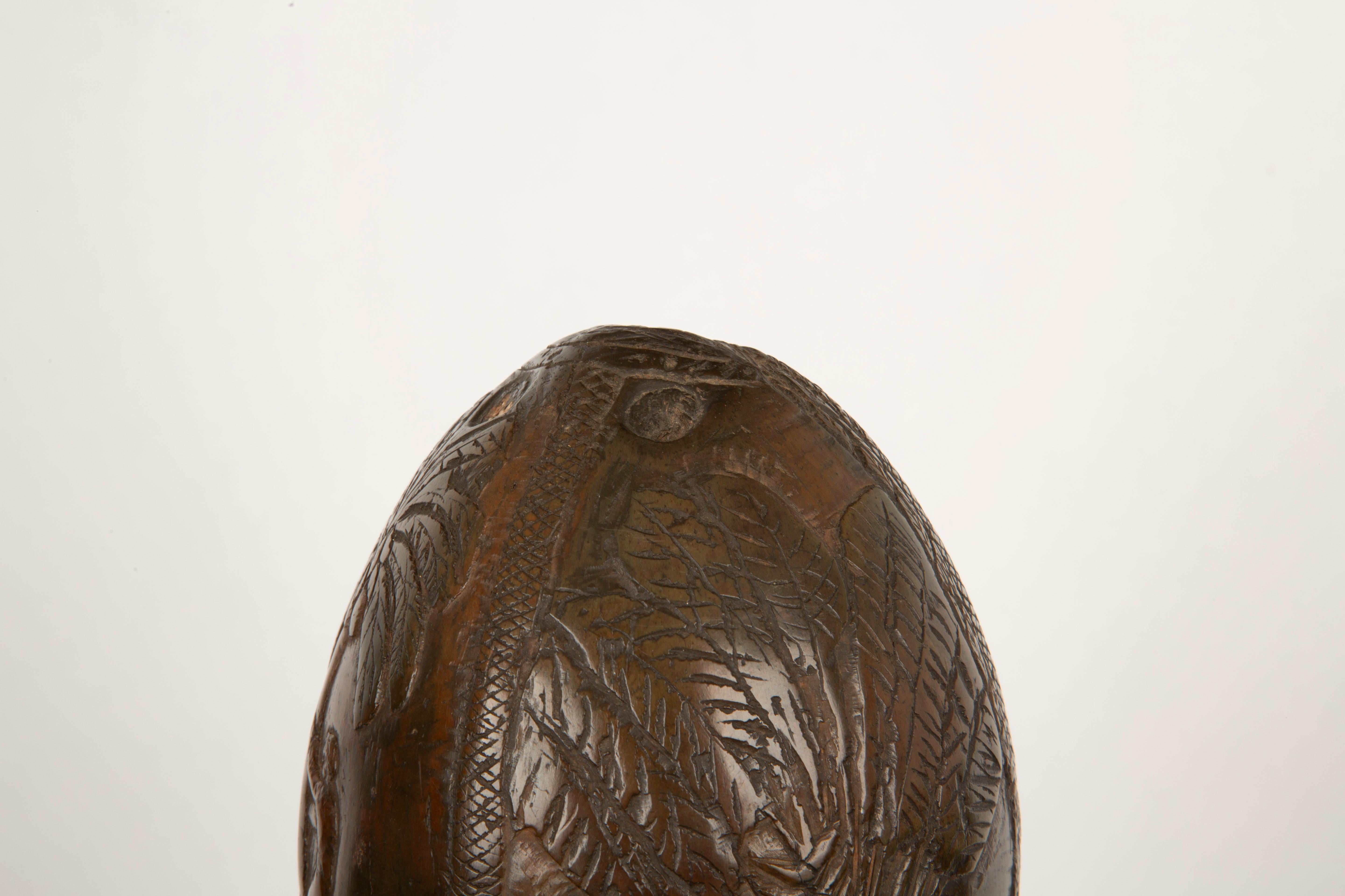 Tropical Tales: Rare 19th-Century French Colonial Carved Coconut Flask For Sale 1