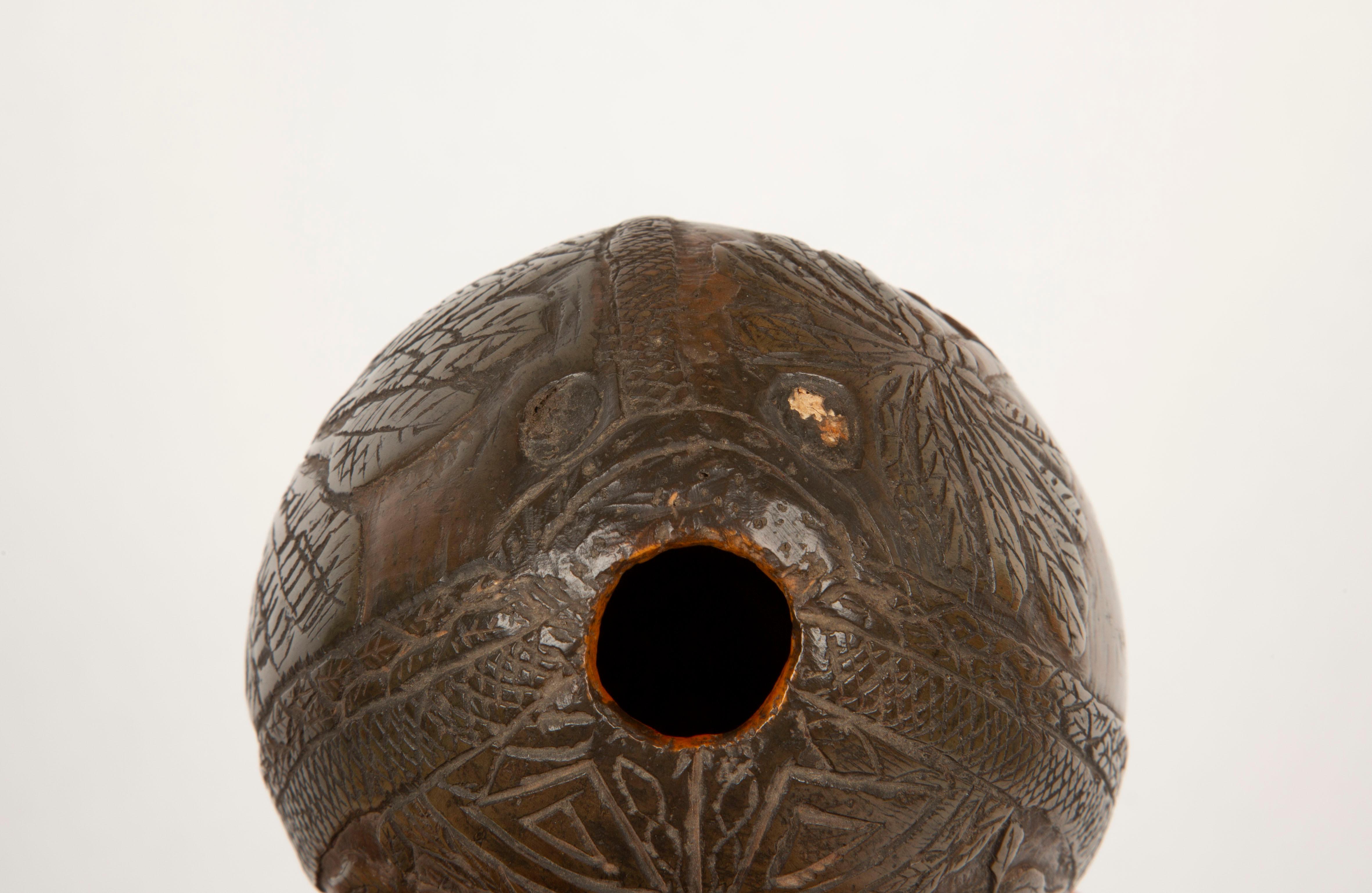 Tropical Tales: Rare 19th-Century French Colonial Carved Coconut Flask For Sale 2