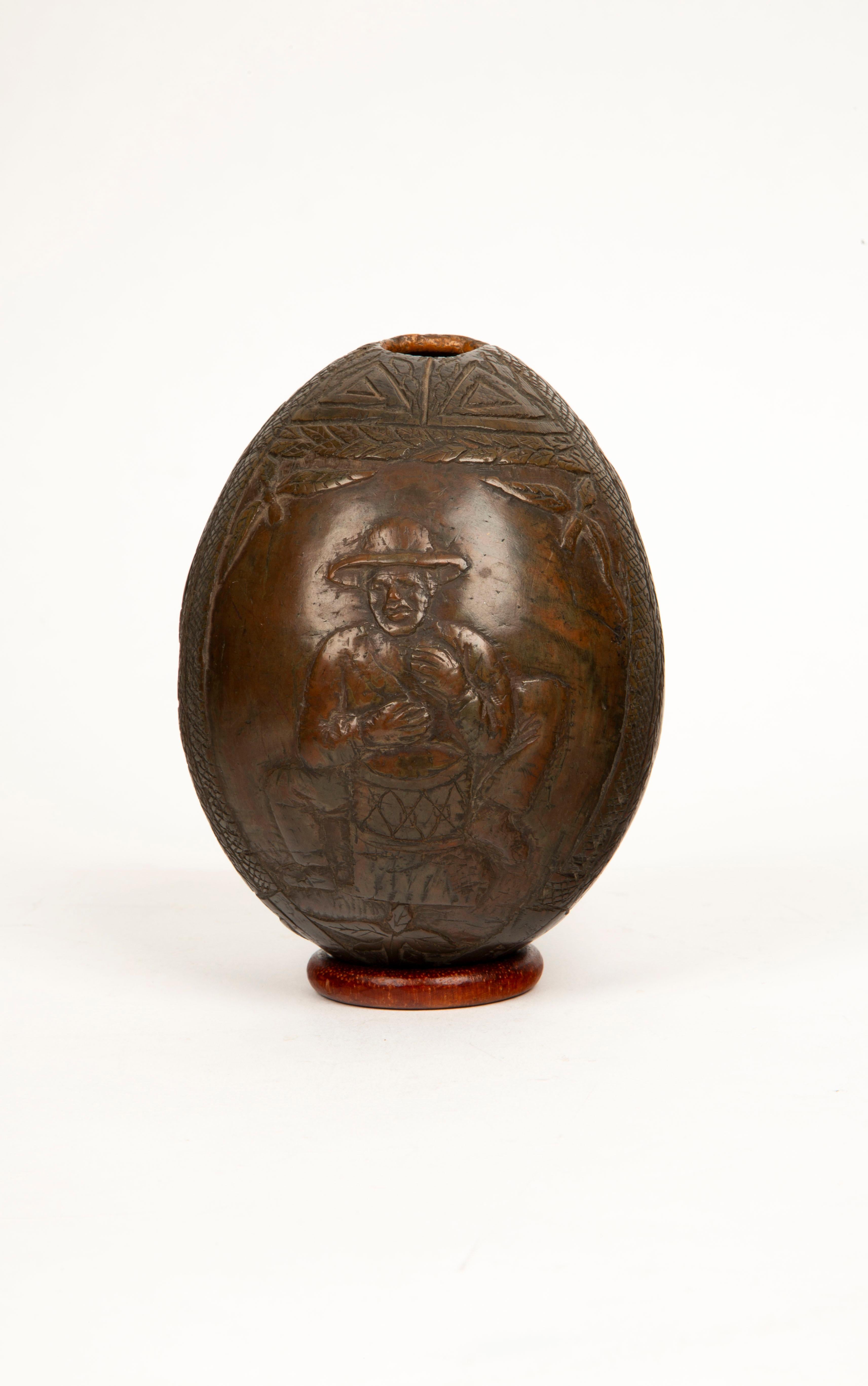 Tropical Tales: Rare 19th-Century French Colonial Carved Coconut Flask For Sale 3