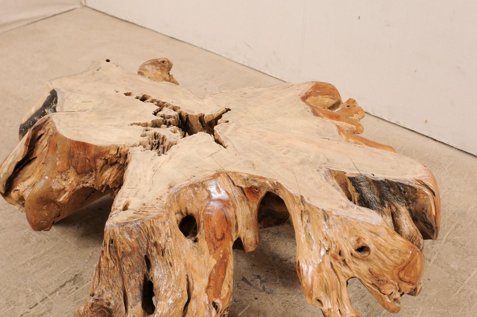 An Organically-Shaped Tropical Teak Stump & Root Hardwood Coffee Table In Good Condition For Sale In Atlanta, GA