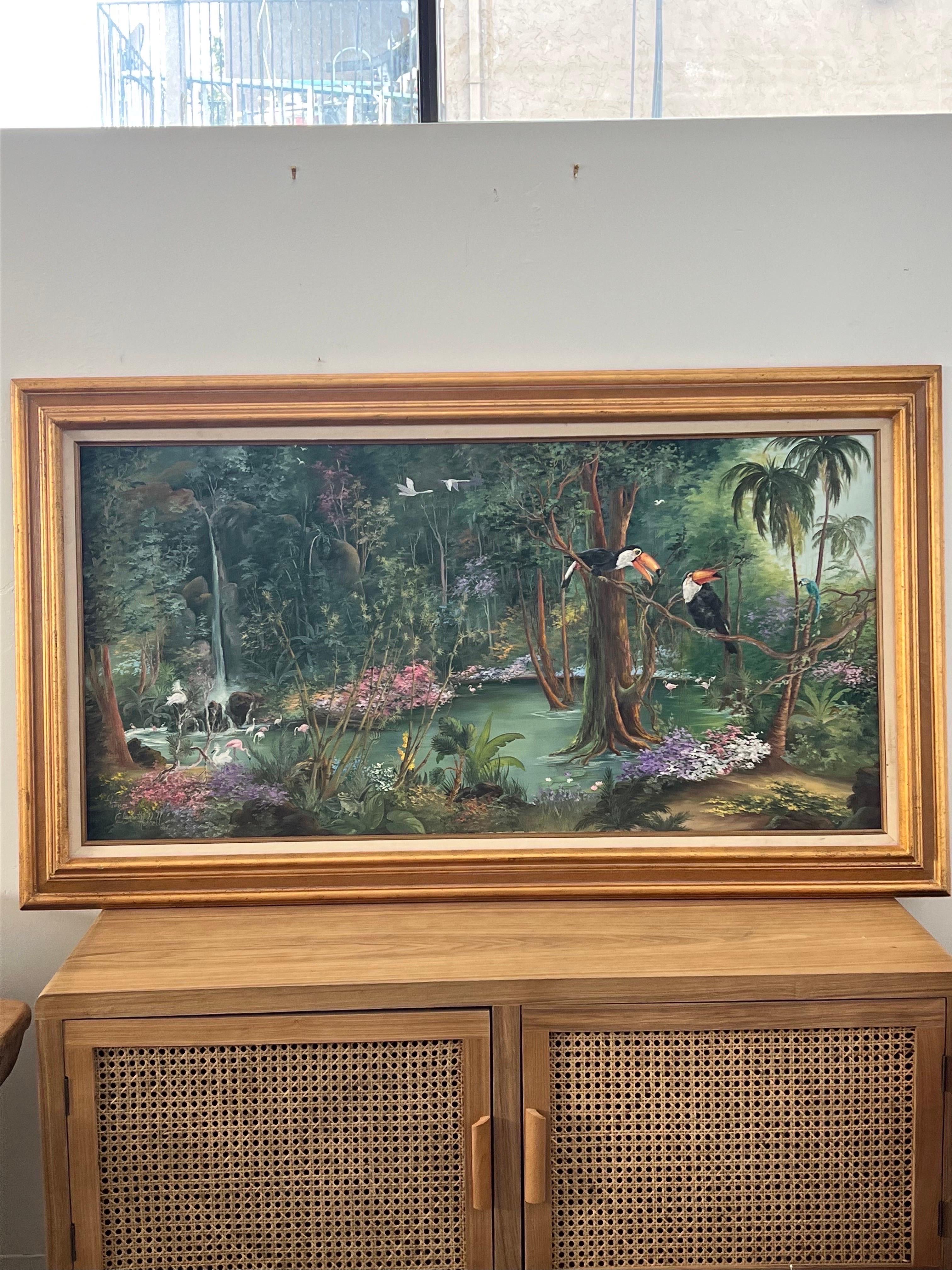 Tropisches Vintage-Gemälde von Patricia und Elizabeth Hubbell, 1984, Goldrahmen (Moderne der Mitte des Jahrhunderts) im Angebot