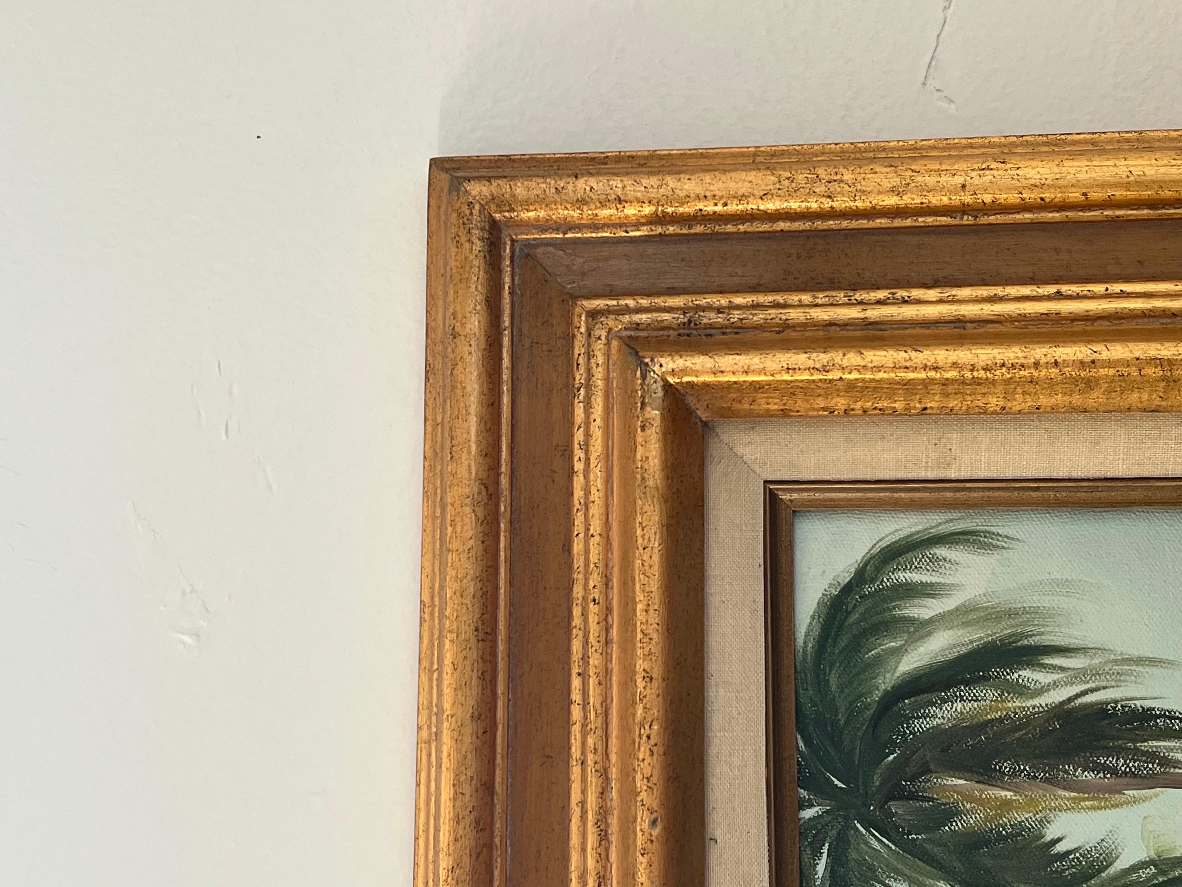 Mid-Century Modern Tropical Vintage Painting by Patricia and Elizabeth Hubbell 1984 Gold Frame For Sale