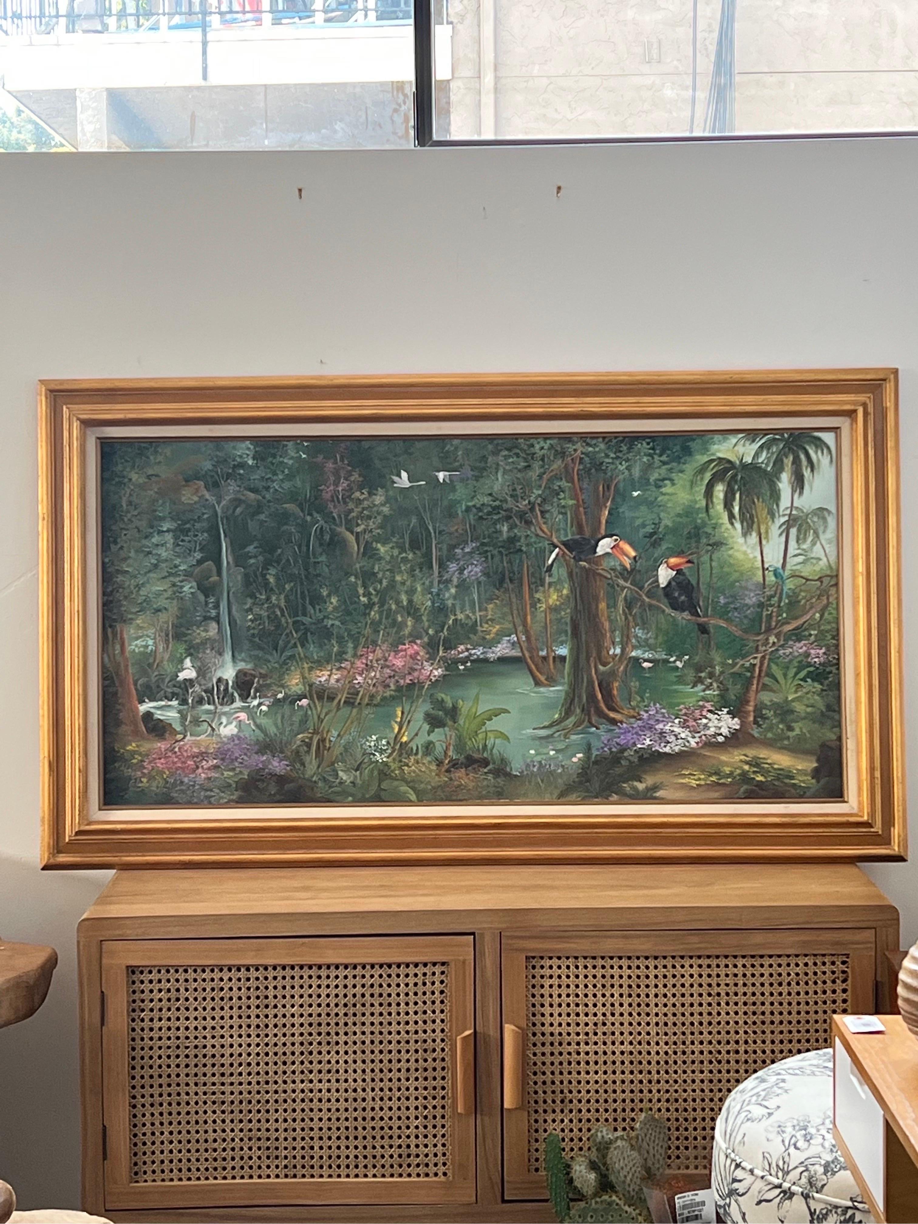 Tropisches Vintage-Gemälde von Patricia und Elizabeth Hubbell, 1984, Goldrahmen (Ende des 20. Jahrhunderts) im Angebot